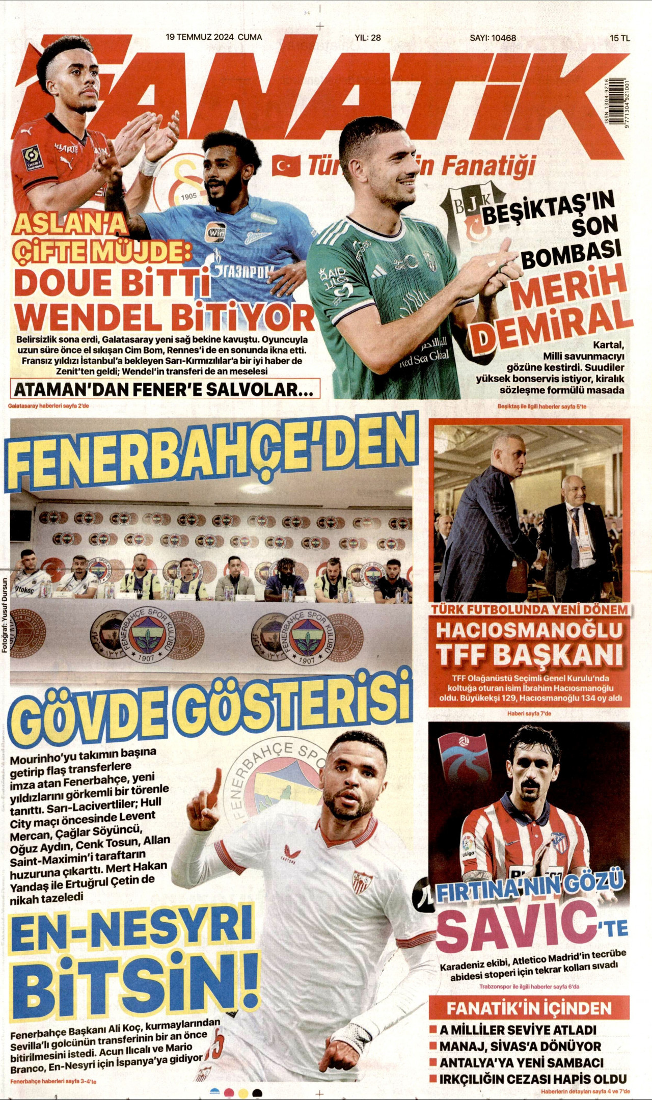 FANATİK gazetesinin 19 Temmuz 2024 tarihli birinci sayfası