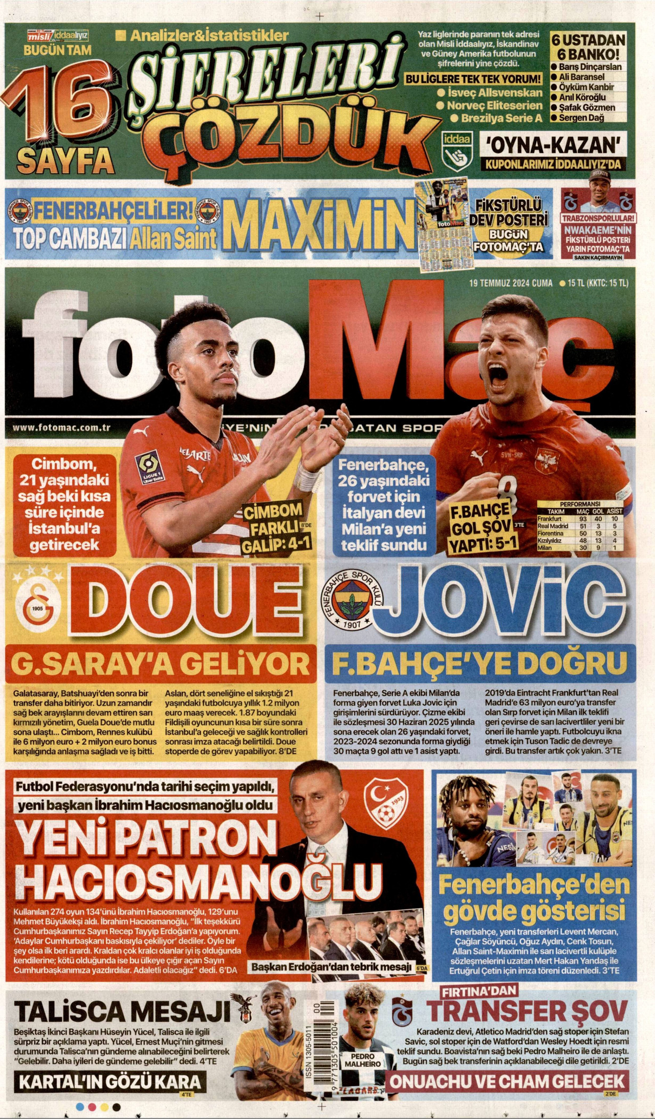 FOTOMAÇ gazetesinin 19 Temmuz 2024 tarihli birinci sayfası