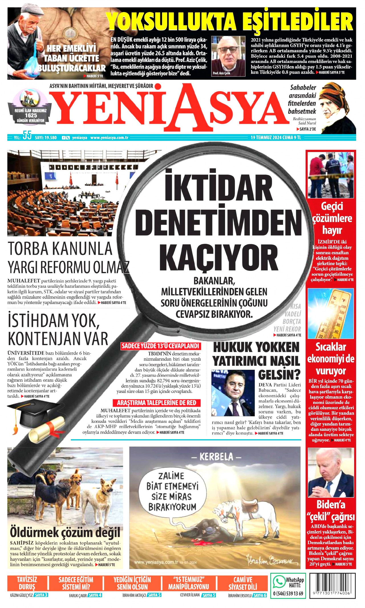 YENİ ASYA gazetesinin 19 Temmuz 2024 tarihli birinci sayfası