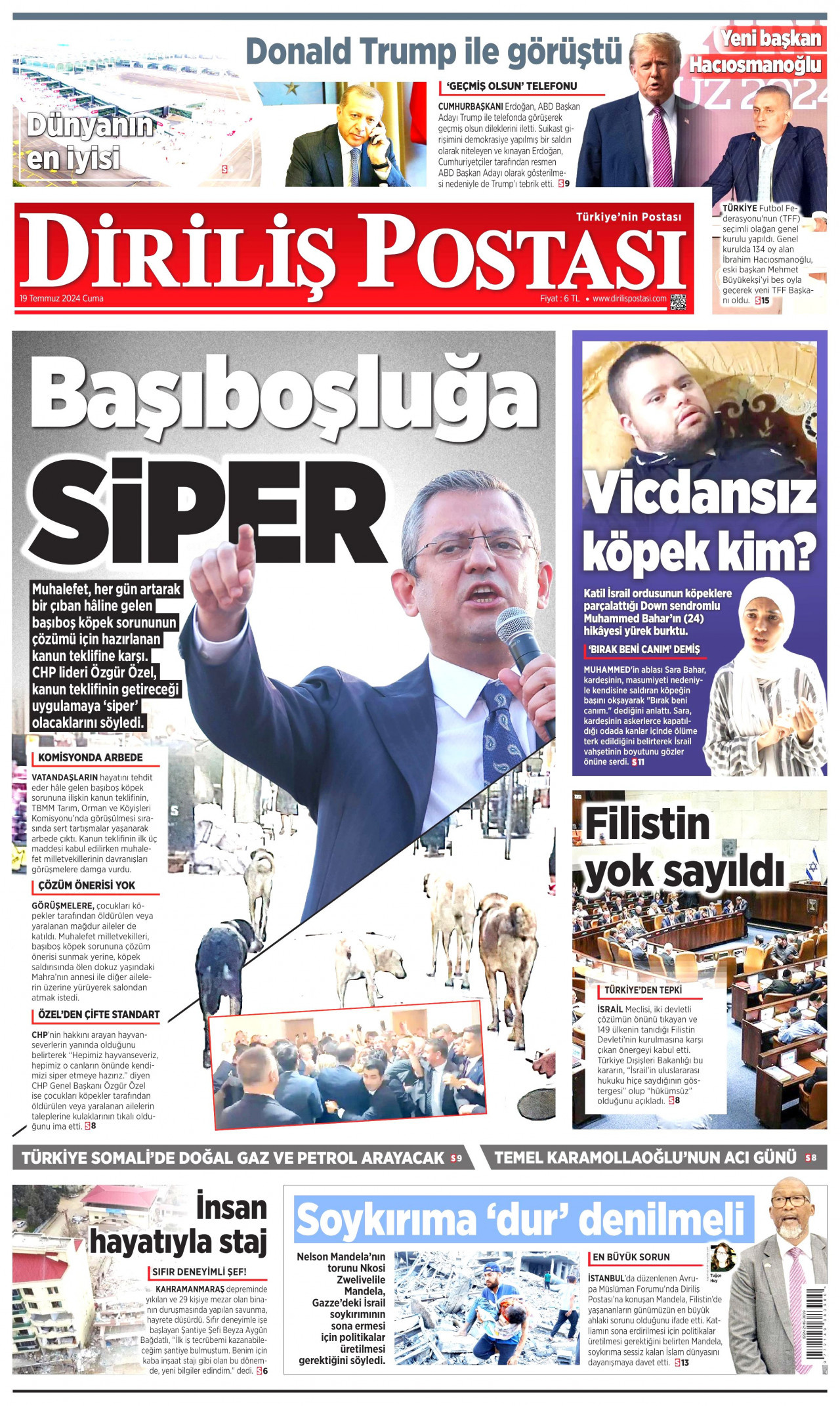 DİRİLİŞ POSTASI gazetesinin 19 Temmuz 2024 tarihli birinci sayfası