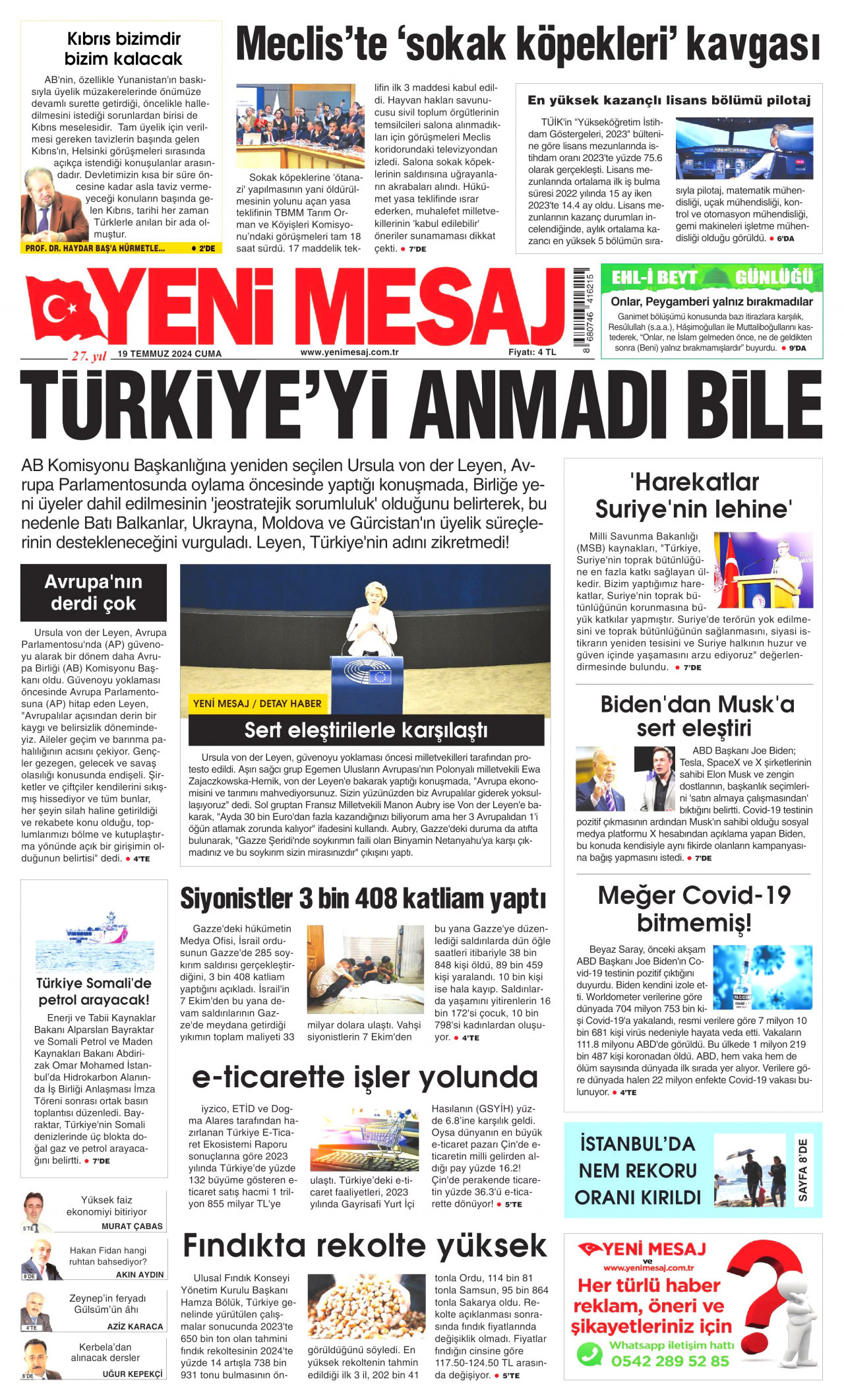 YENİ MESAJ gazetesinin 19 Temmuz 2024 tarihli birinci sayfası