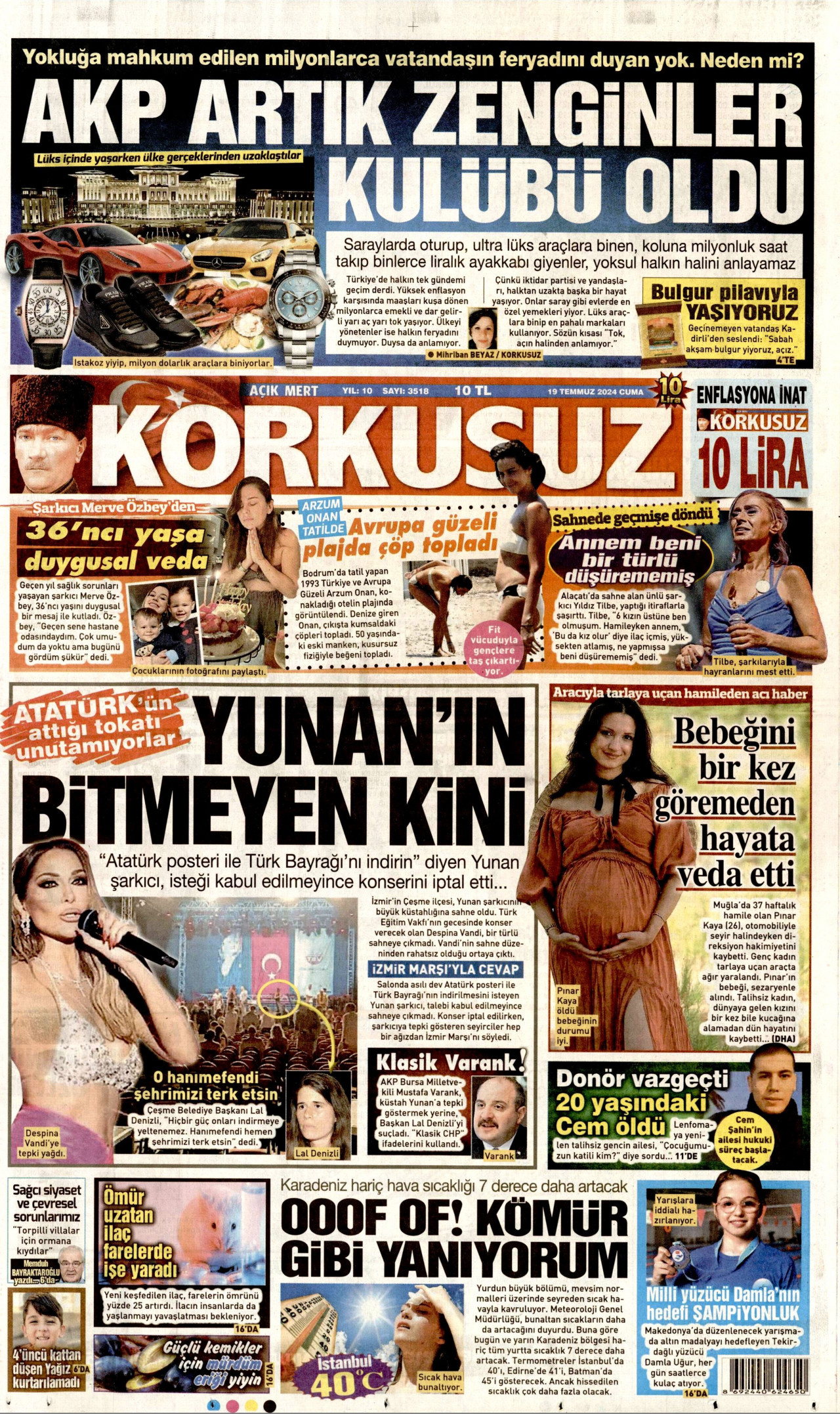 KORKUSUZ gazetesinin 19 Temmuz 2024 tarihli birinci sayfası