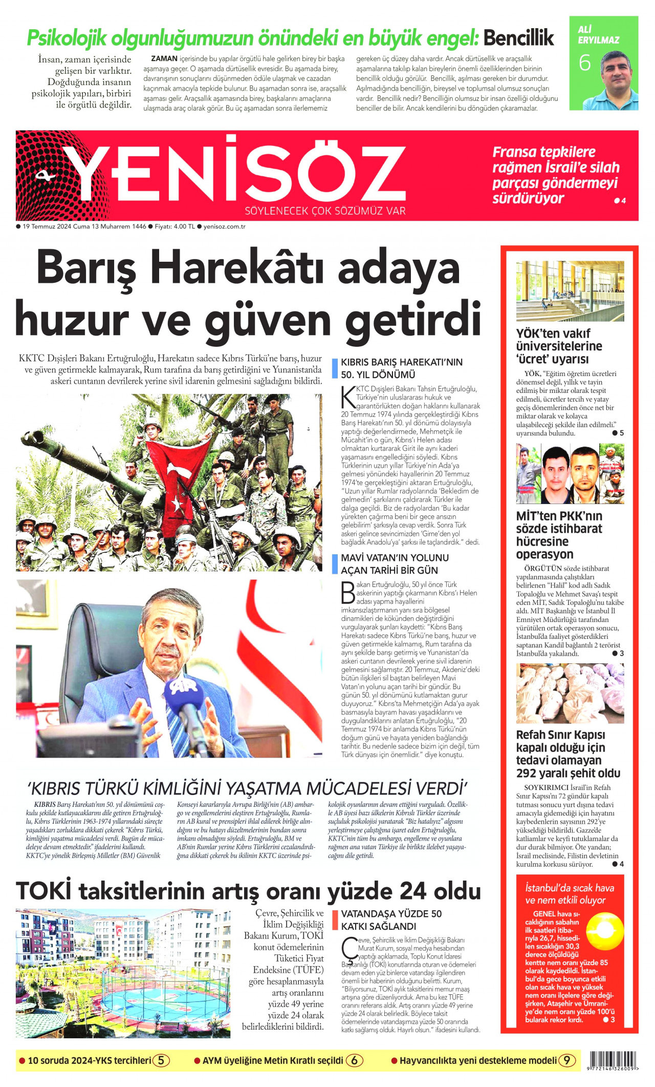 YENİ SÖZ GAZETESİ gazetesinin 19 Temmuz 2024 tarihli birinci sayfası