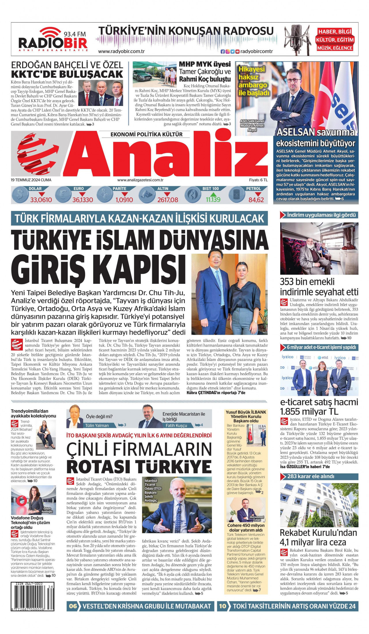 ANALİZ gazetesinin 19 Temmuz 2024 tarihli birinci sayfası