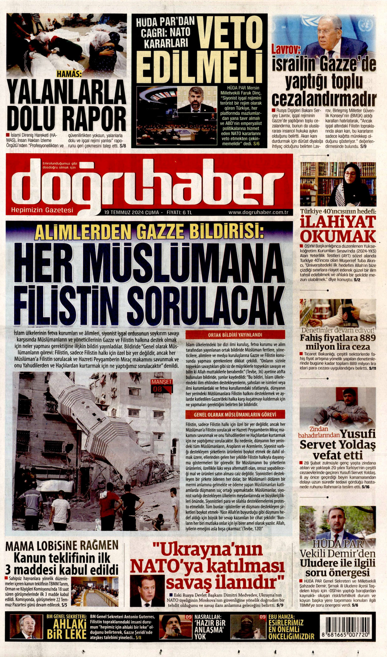 DOĞRU HABER gazetesinin 19 Temmuz 2024 tarihli birinci sayfası