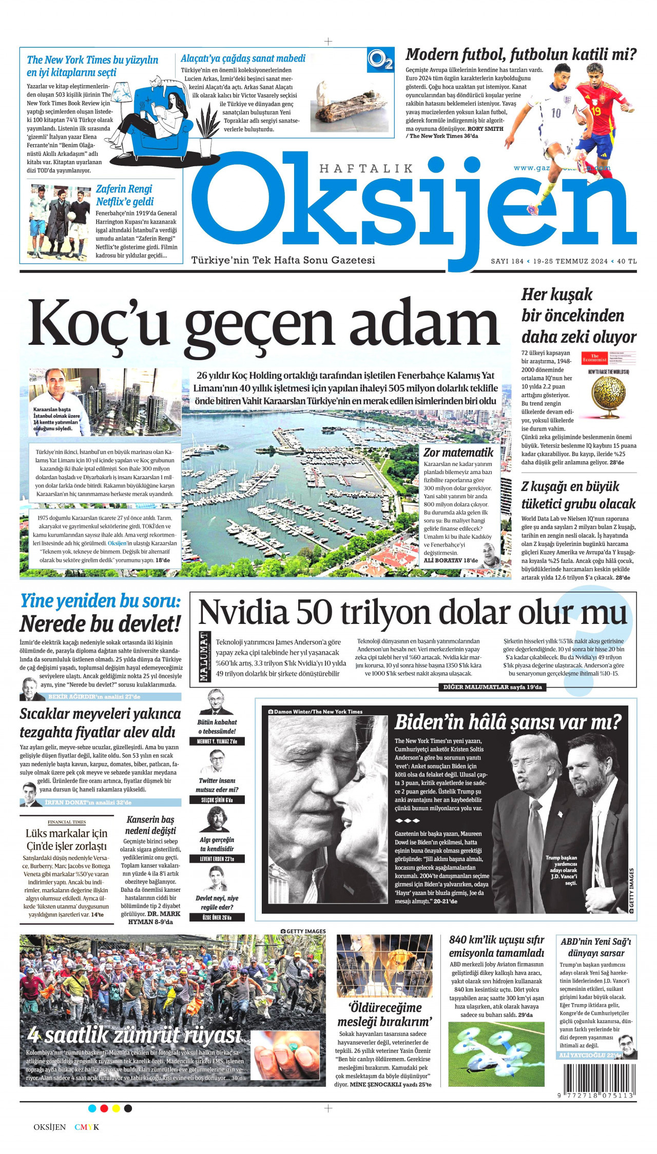 OKSİJEN gazetesinin 19 Temmuz 2024 tarihli birinci sayfası