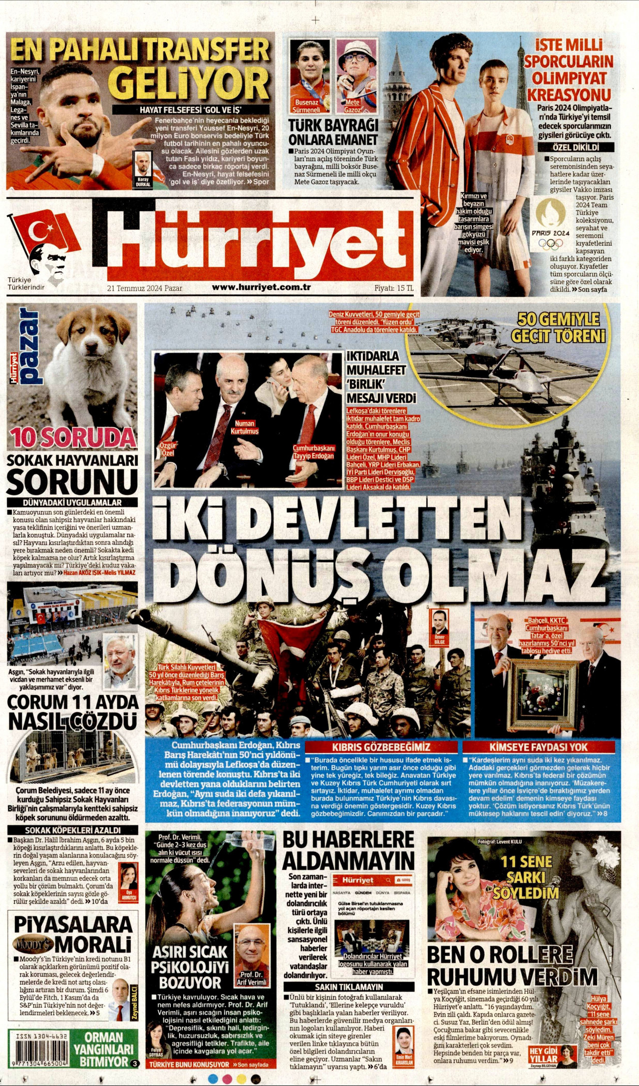 HÜRRİYET gazetesinin 21 Temmuz 2024 tarihli birinci sayfası