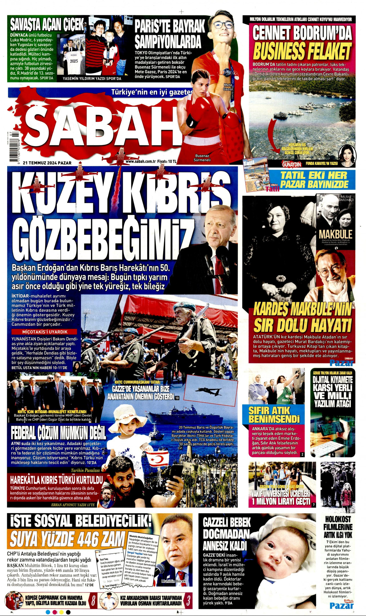 SABAH gazetesinin 21 Temmuz 2024 tarihli birinci sayfası