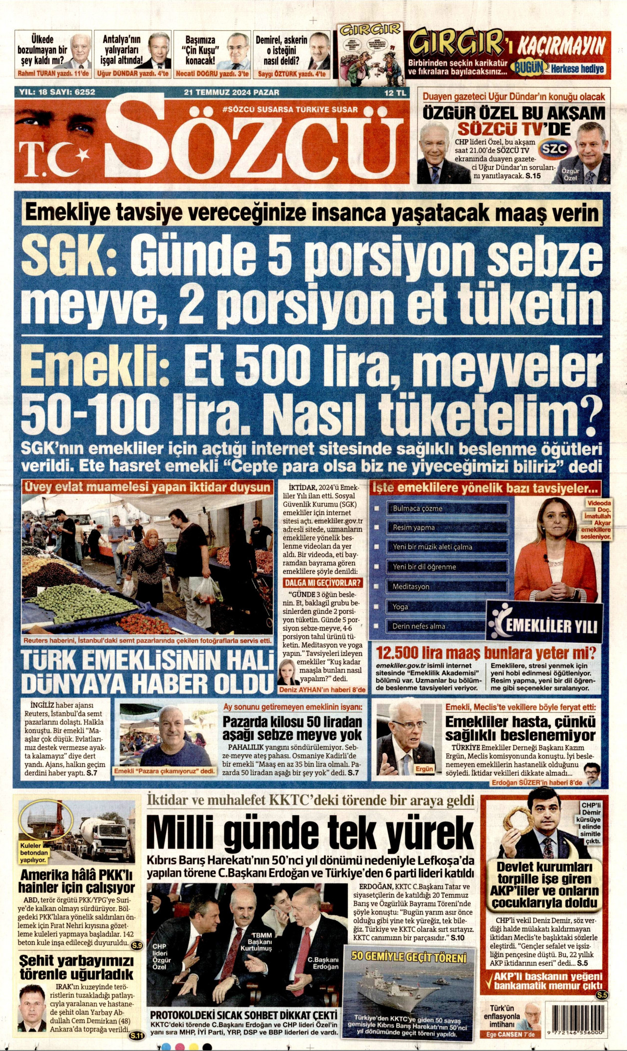 SÖZCÜ gazetesinin 21 Temmuz 2024 tarihli birinci sayfası