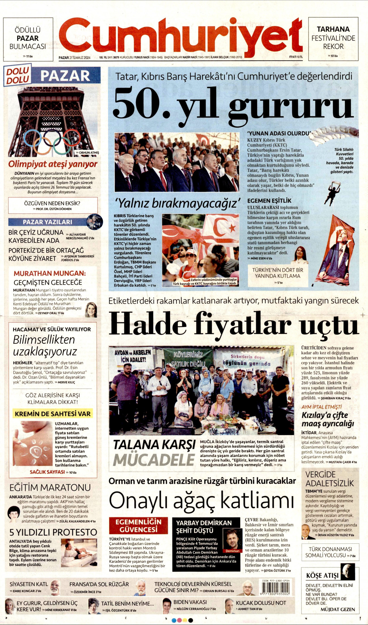 CUMHURİYET gazetesinin 21 Temmuz 2024 tarihli birinci sayfası