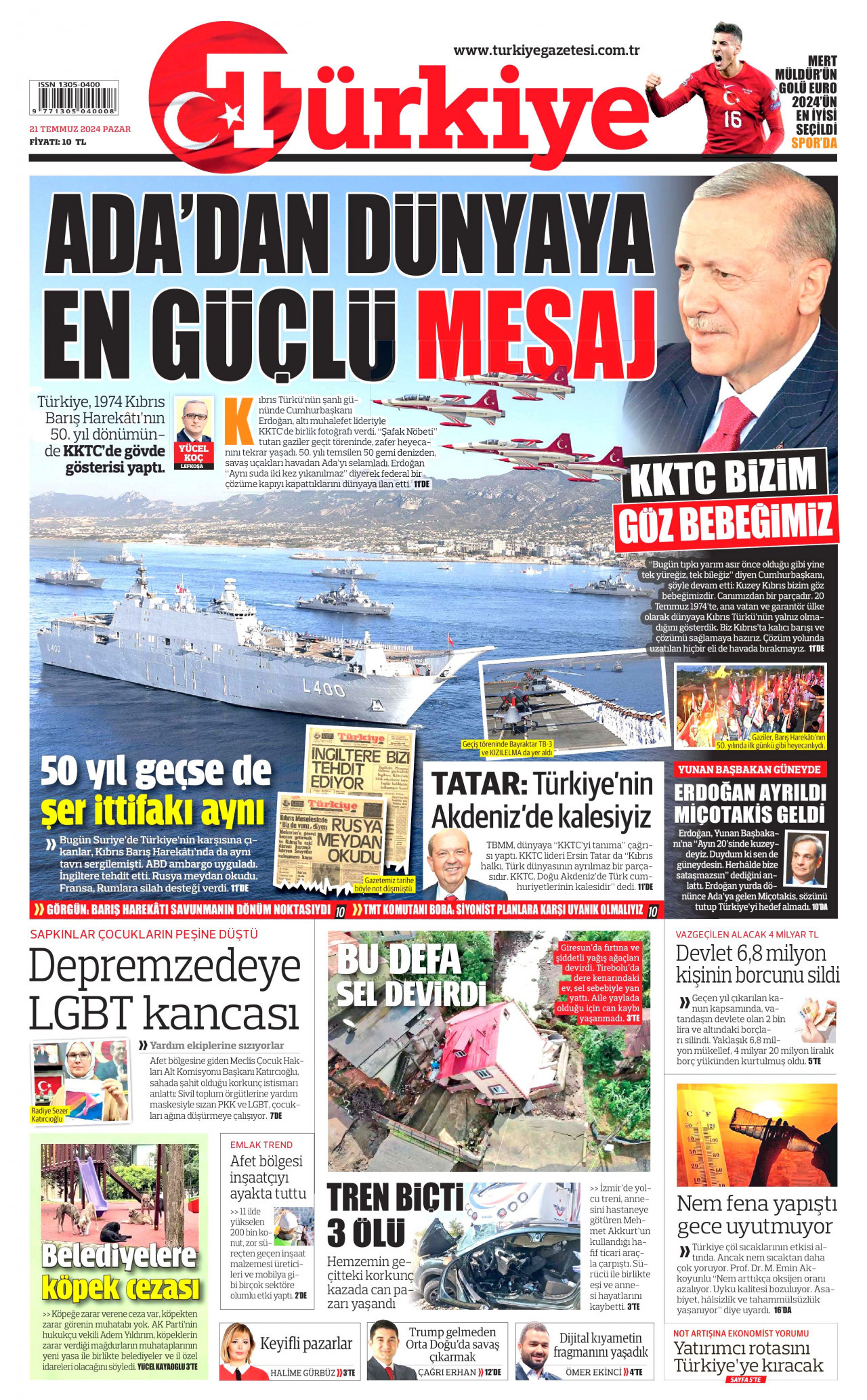 TÜRKİYE GAZETESİ gazetesinin 21 Temmuz 2024 tarihli birinci sayfası