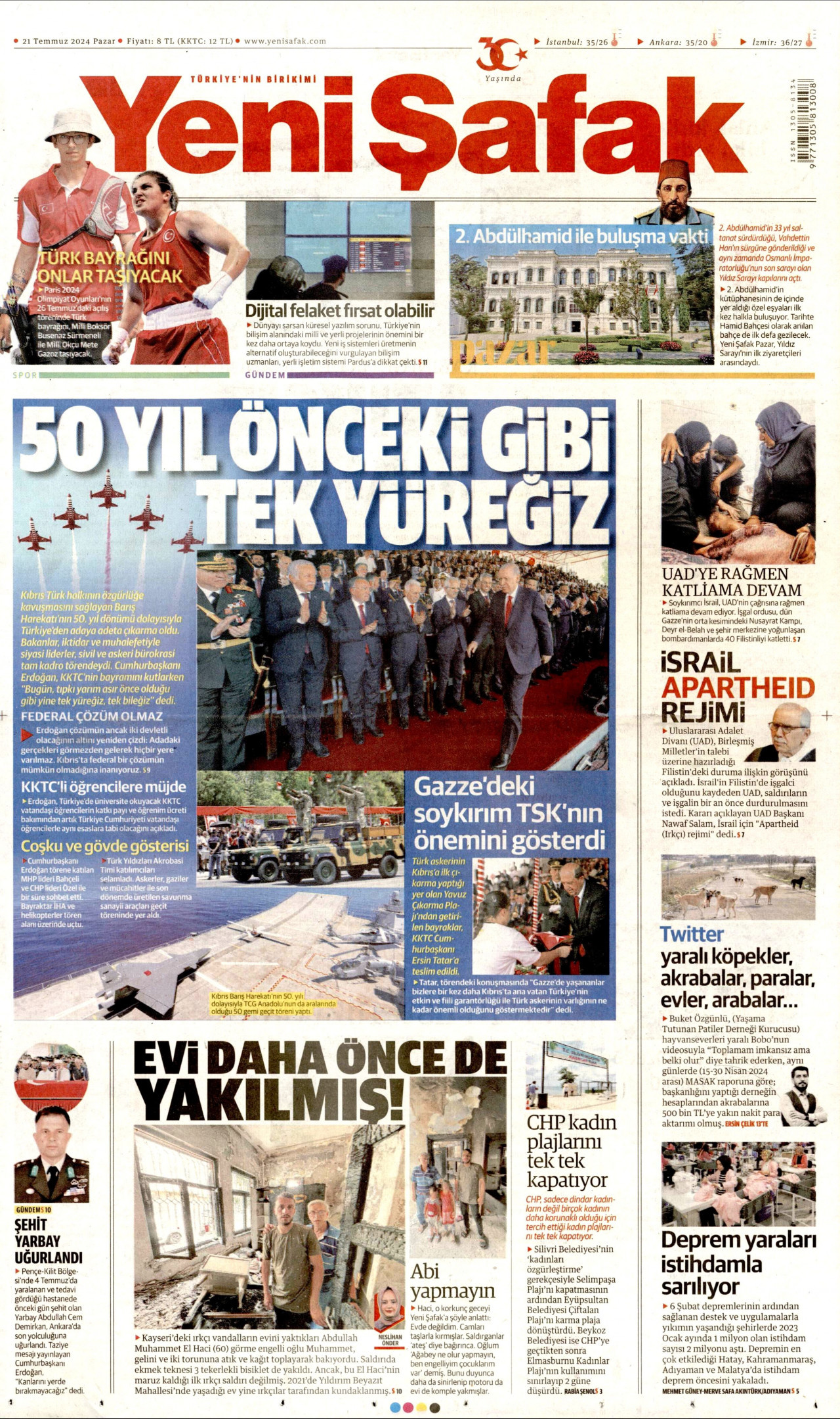 YENİ ŞAFAK gazetesinin 21 Temmuz 2024 tarihli birinci sayfası