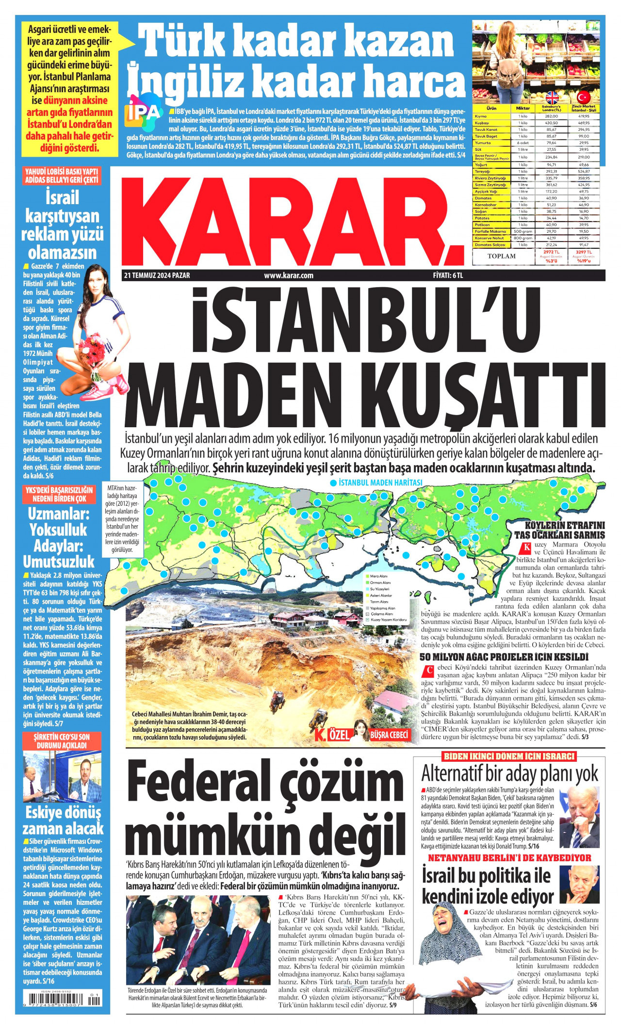 KARAR gazetesinin 21 Temmuz 2024 tarihli birinci sayfası