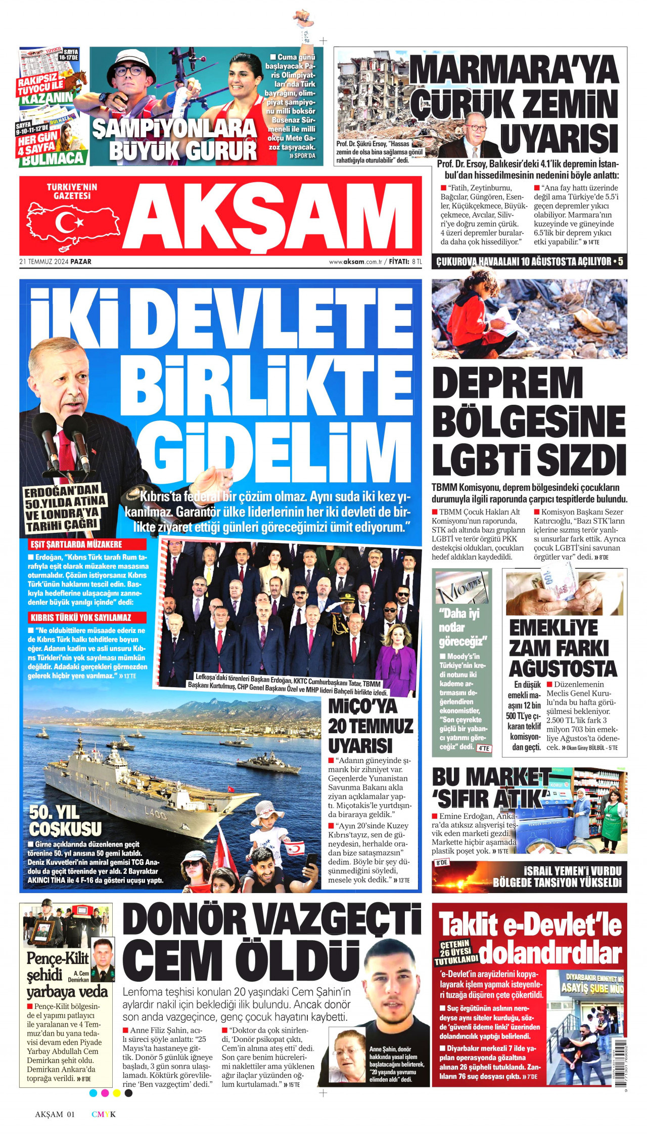 AKŞAM gazetesinin 21 Temmuz 2024 tarihli birinci sayfası