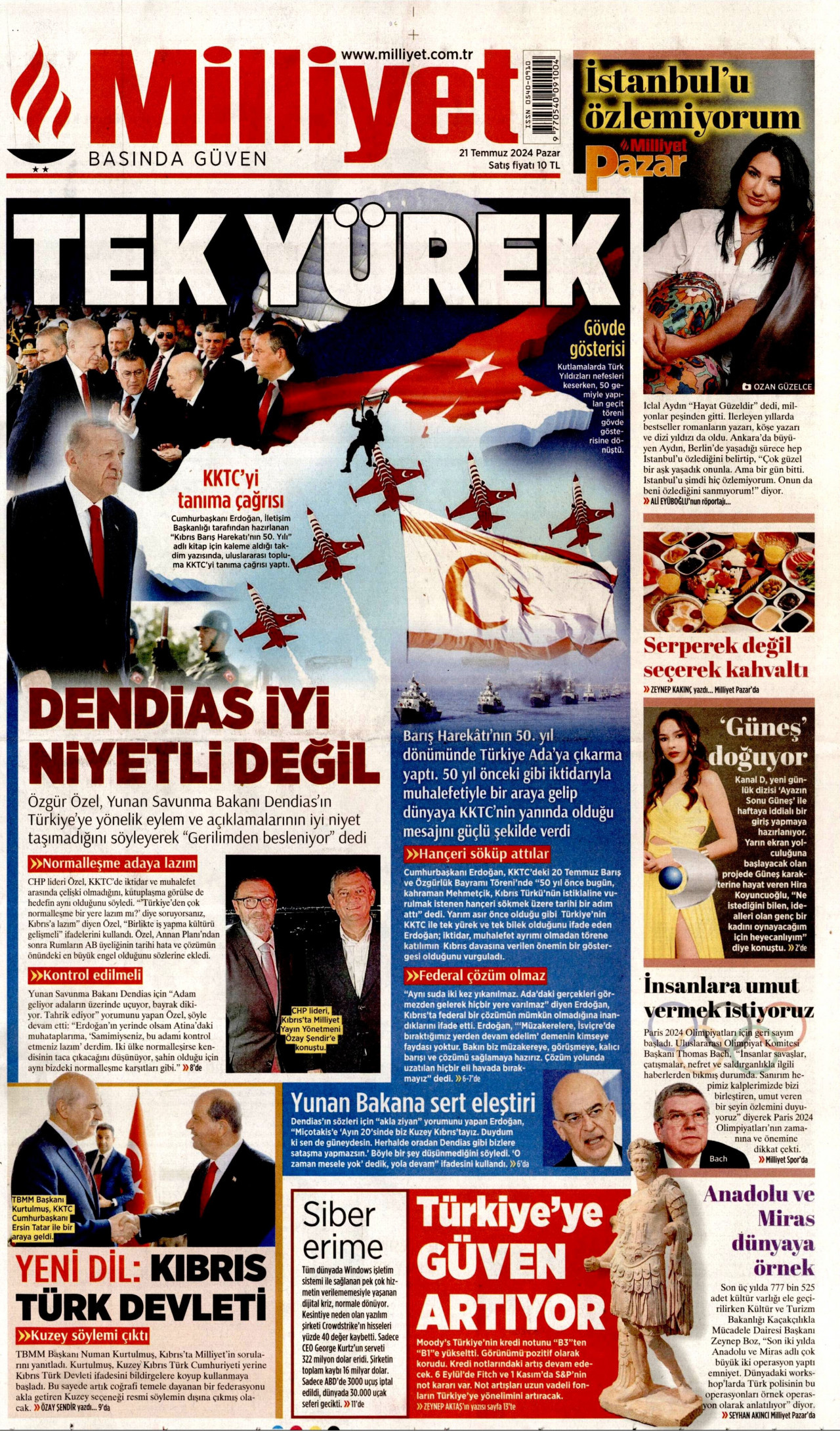 MİLLİYET gazetesinin 21 Temmuz 2024 tarihli birinci sayfası