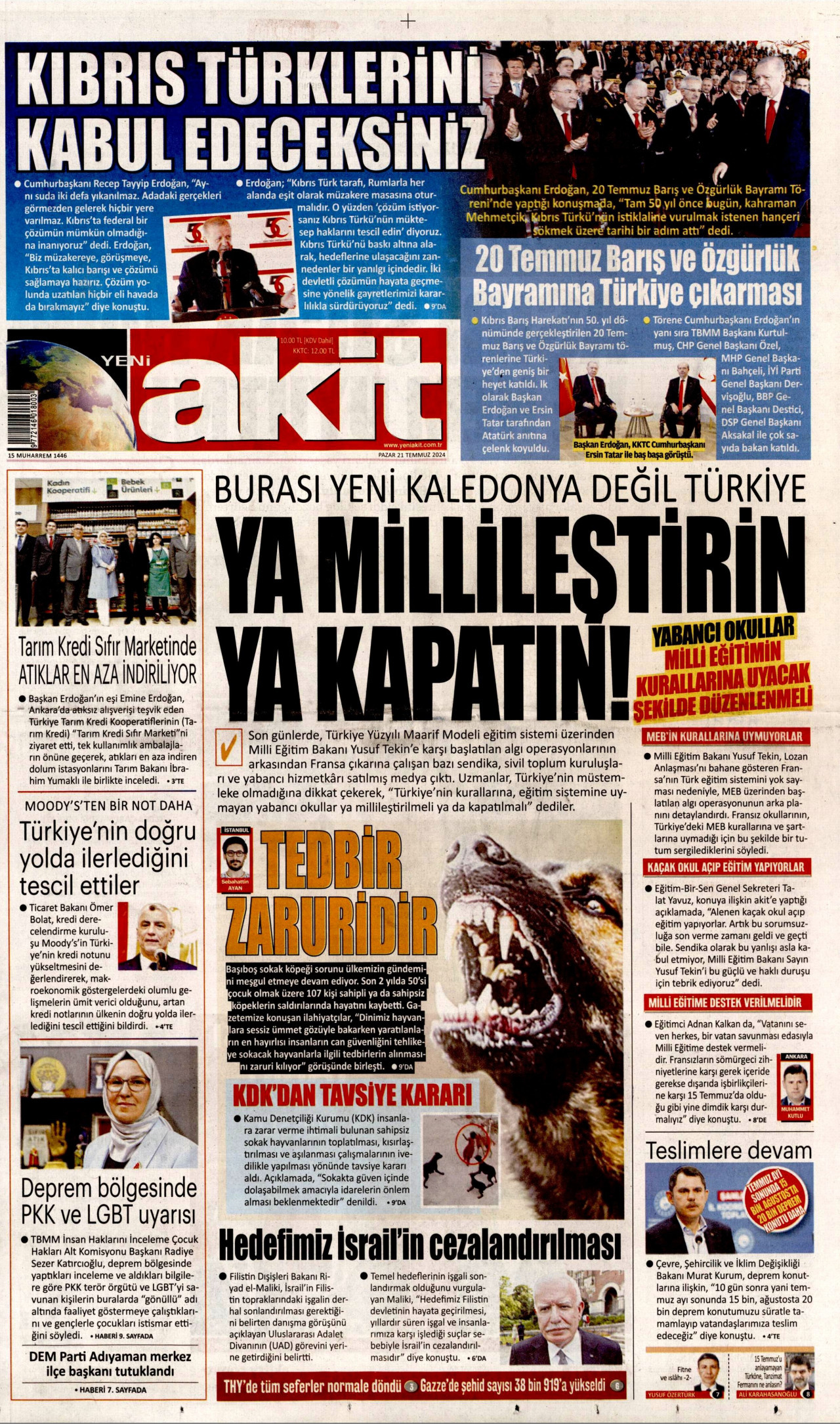 YENİ AKİT gazetesinin 21 Temmuz 2024 tarihli birinci sayfası