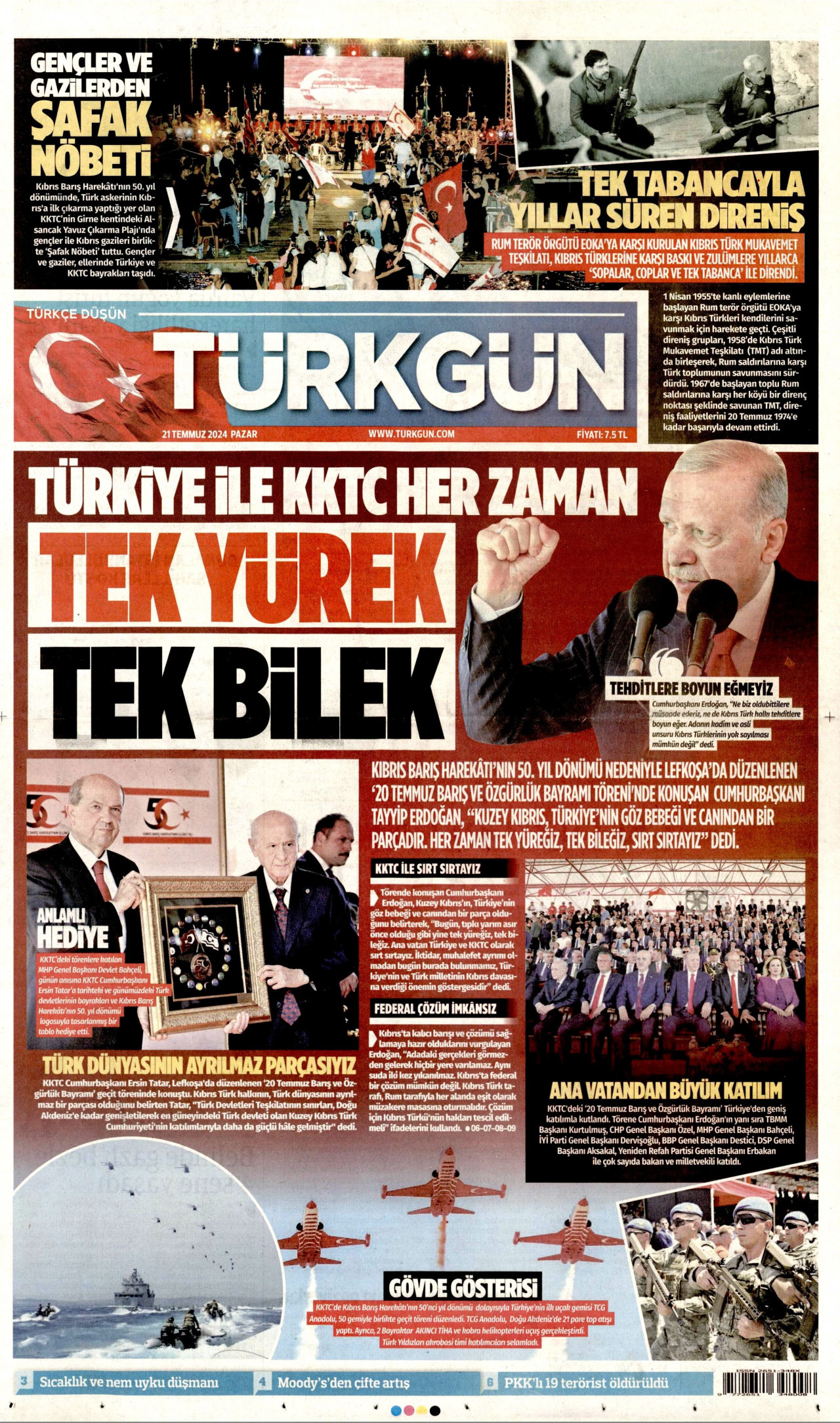 TÜRKGÜN gazetesinin 21 Temmuz 2024 tarihli birinci sayfası