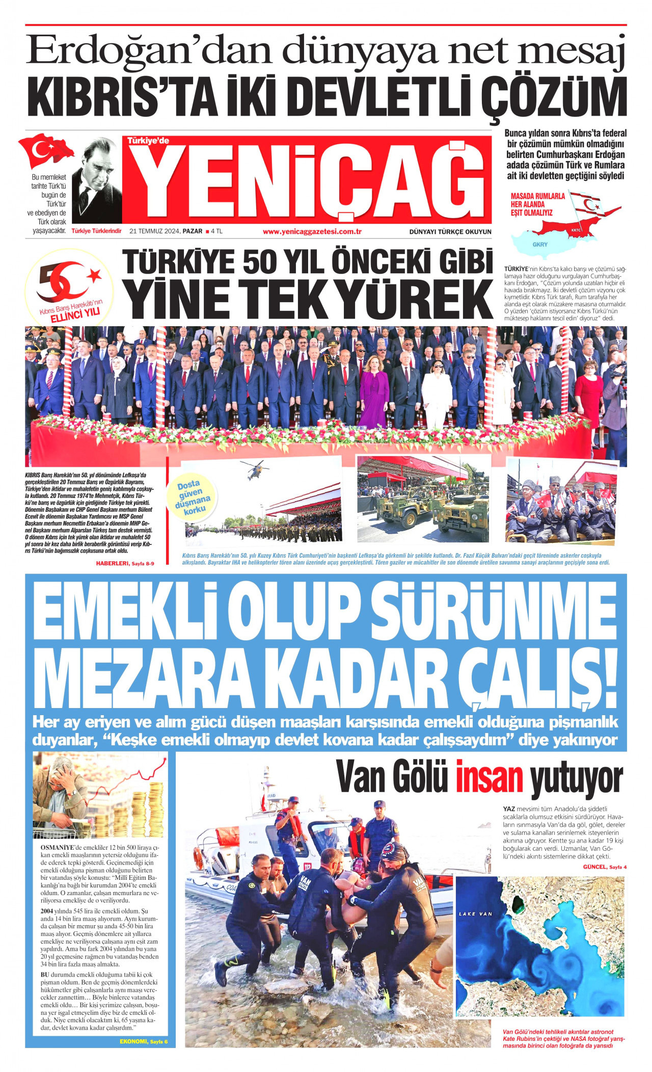 YENİÇAĞ gazetesinin 21 Temmuz 2024 tarihli birinci sayfası