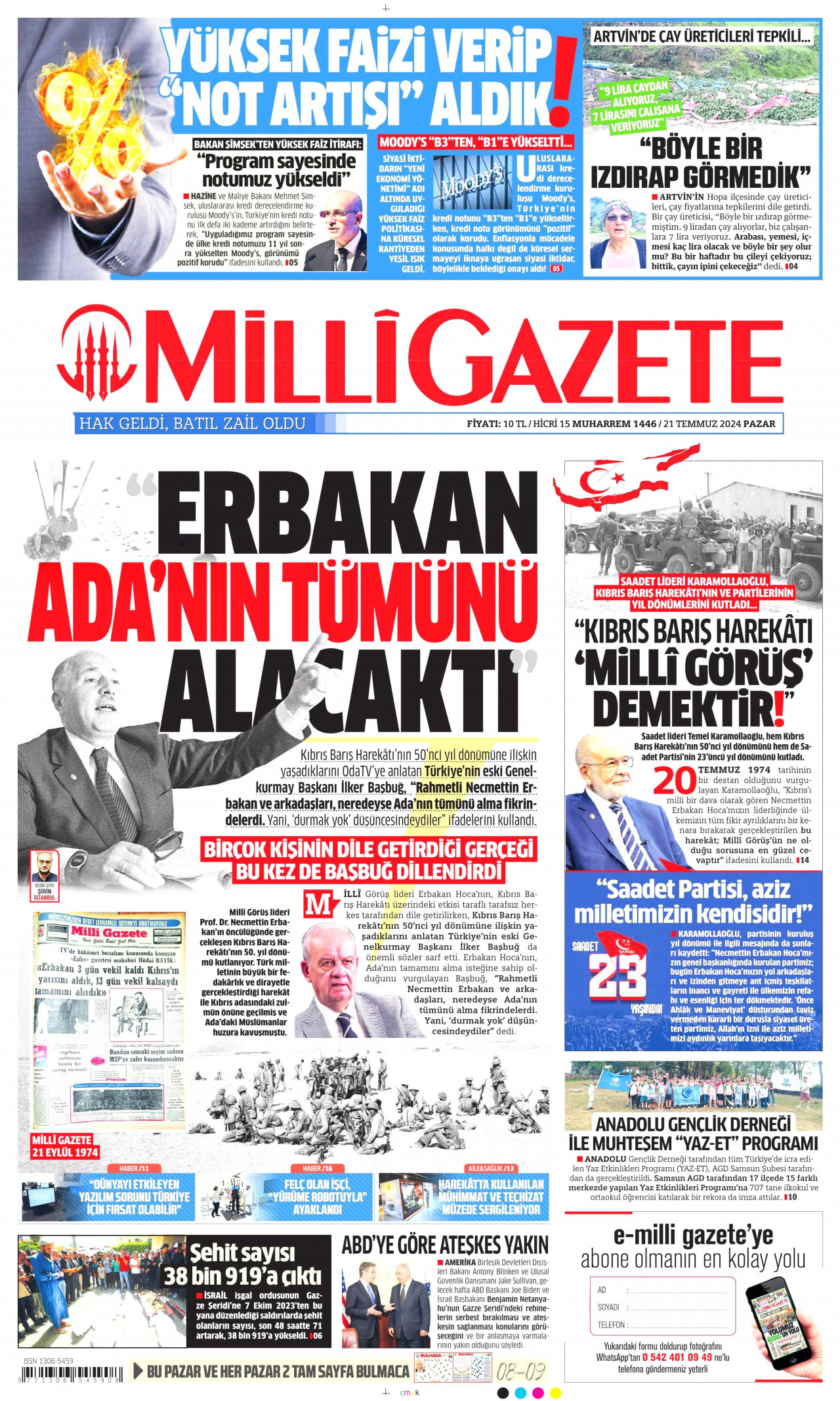 MİLLİ GAZETE gazetesinin 21 Temmuz 2024 tarihli birinci sayfası