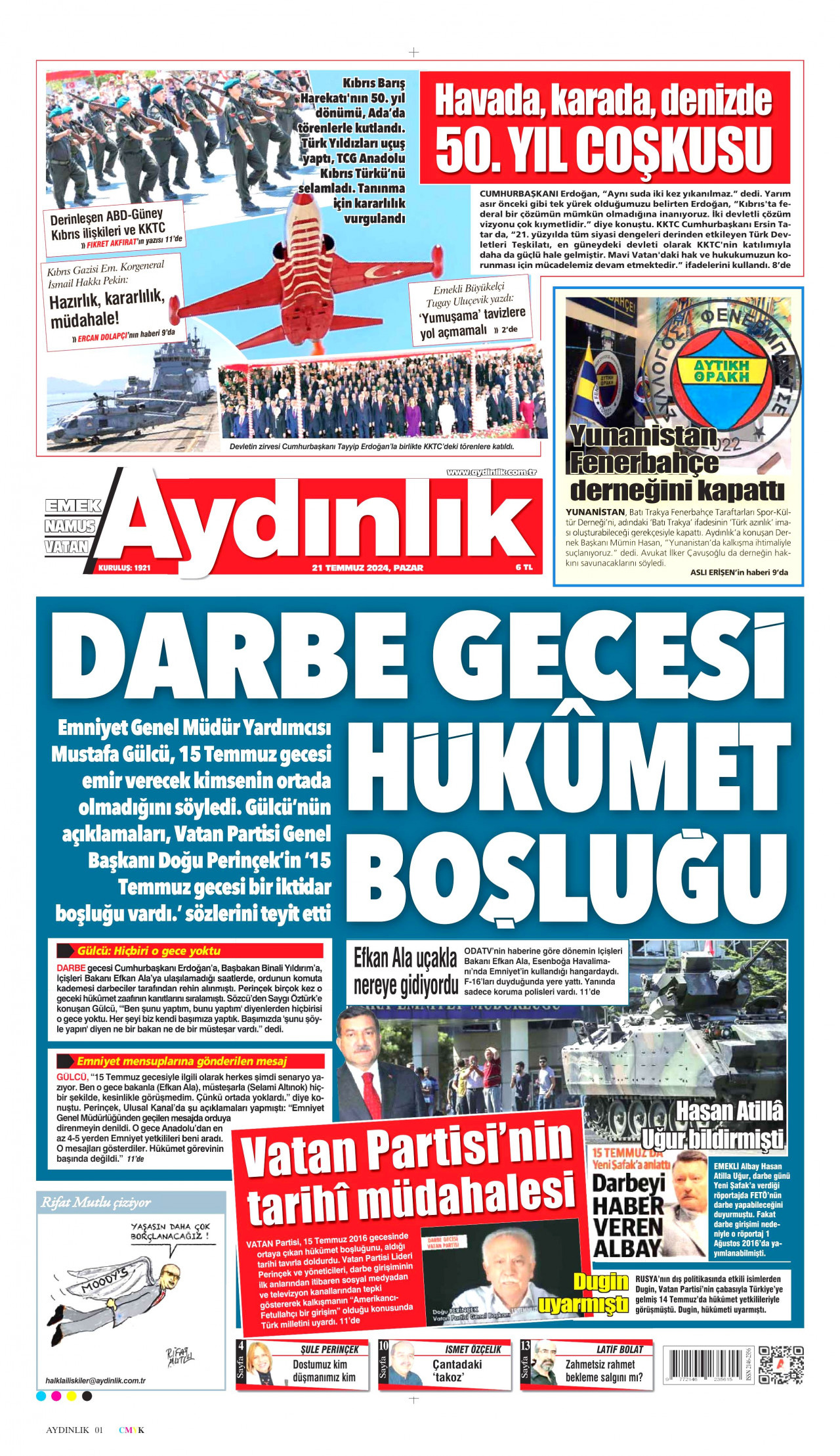 AYDINLIK GAZETESİ gazetesinin 21 Temmuz 2024 tarihli birinci sayfası