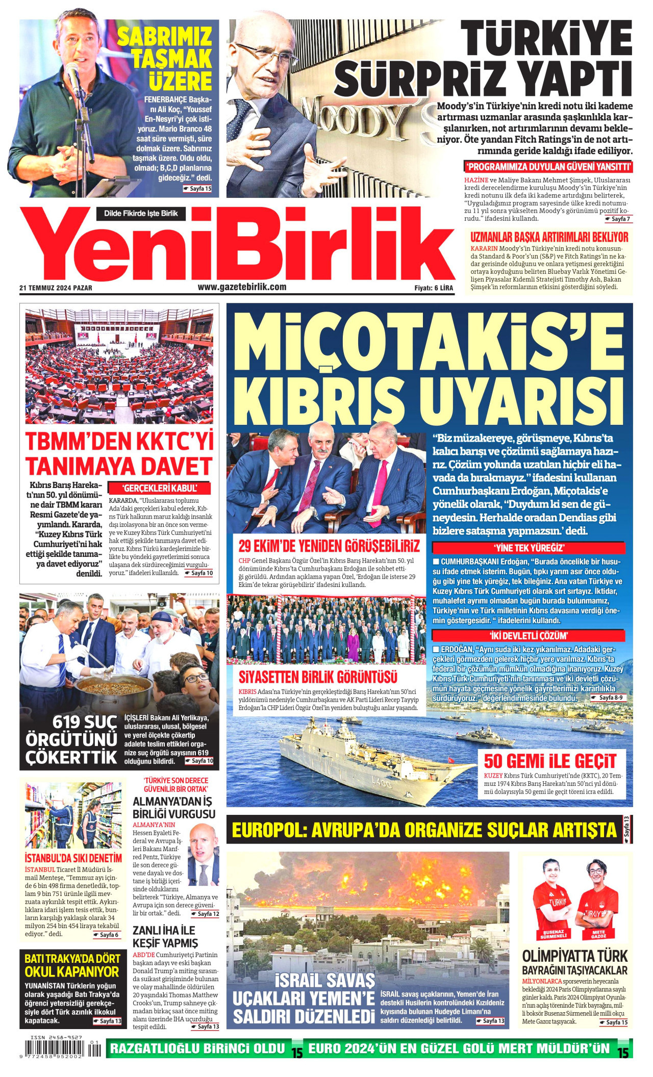 YENİBİRLİK gazetesinin 21 Temmuz 2024 tarihli birinci sayfası