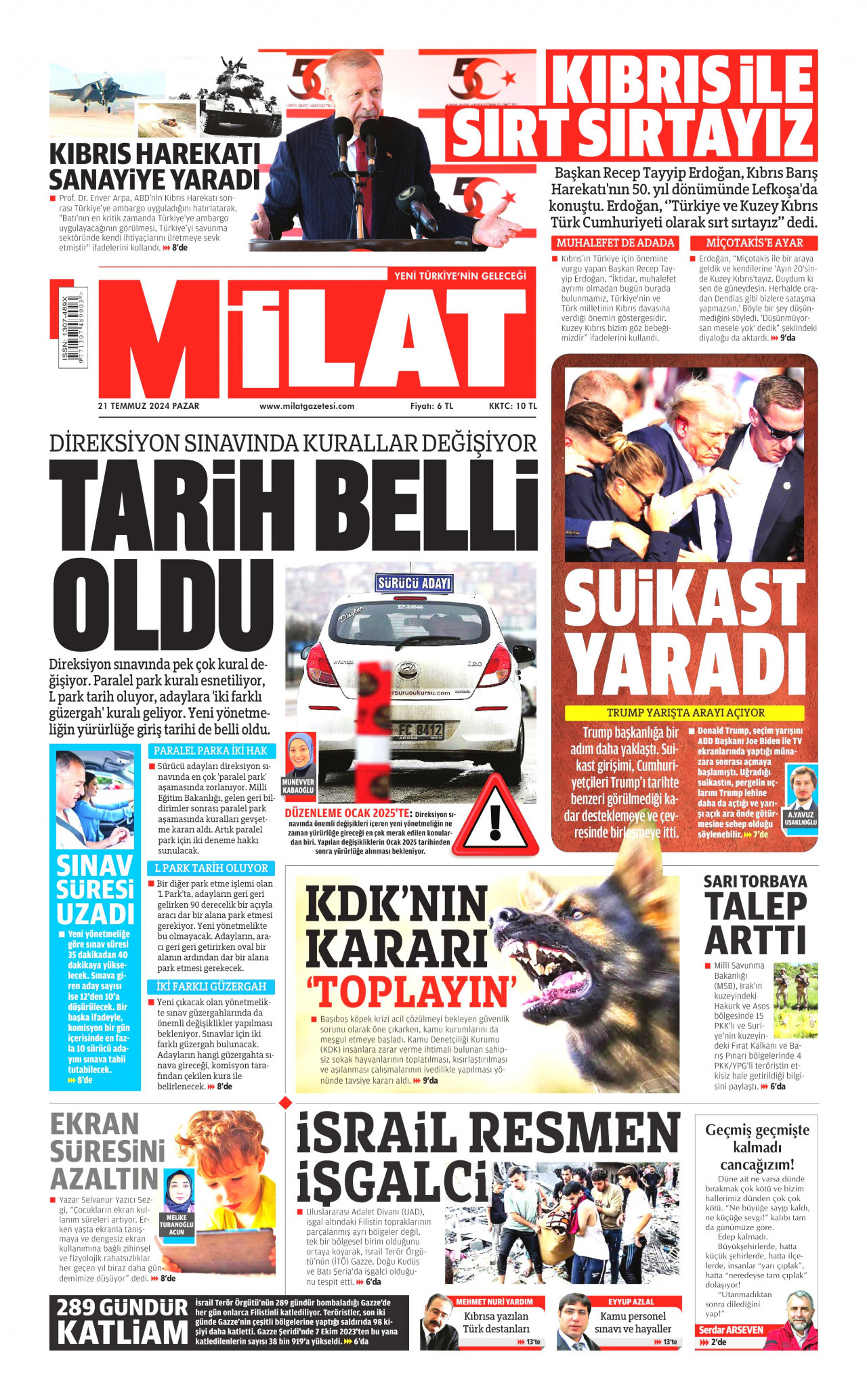 MİLAT gazetesinin 21 Temmuz 2024 tarihli birinci sayfası