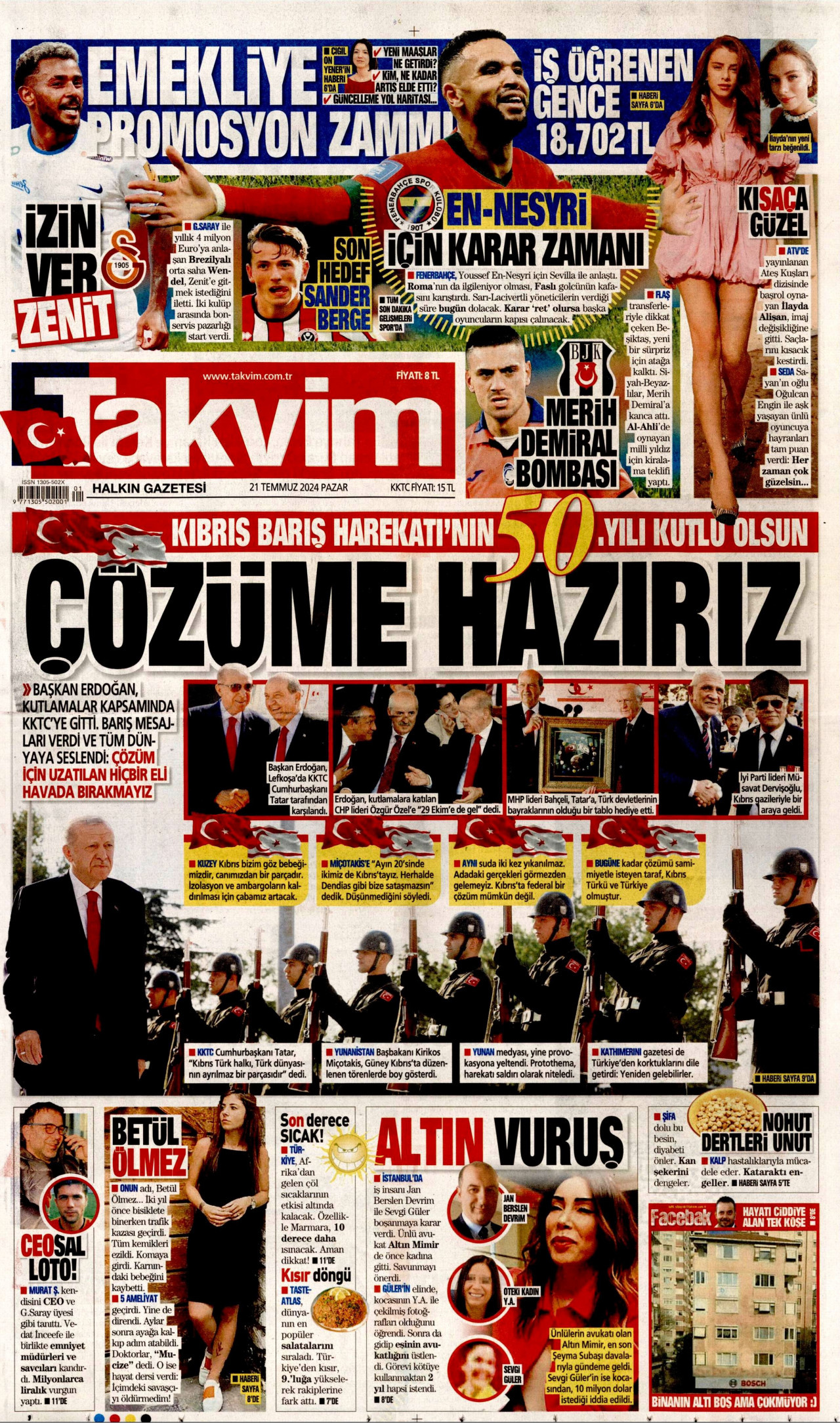TAKVİM gazetesinin 21 Temmuz 2024 tarihli birinci sayfası