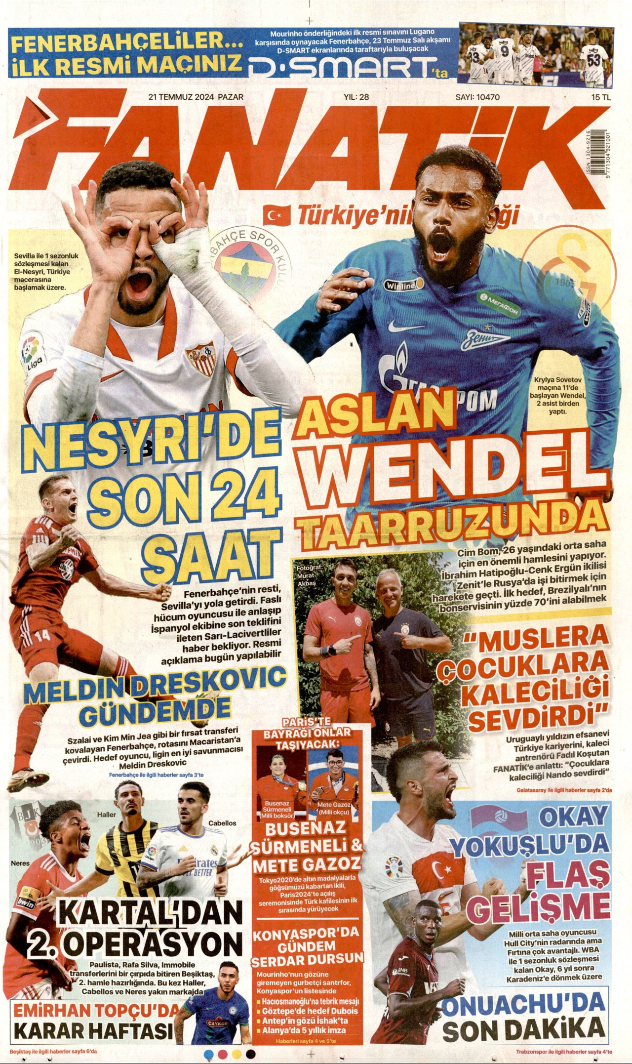FANATİK gazetesinin 21 Temmuz 2024 tarihli birinci sayfası