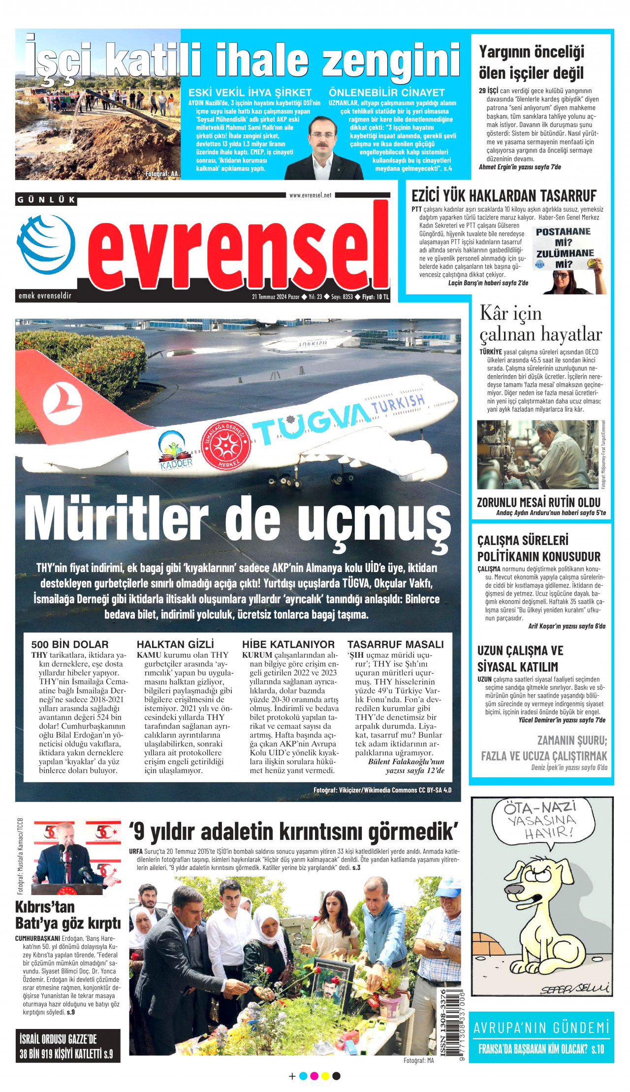EVRENSEL gazetesinin 21 Temmuz 2024 tarihli birinci sayfası