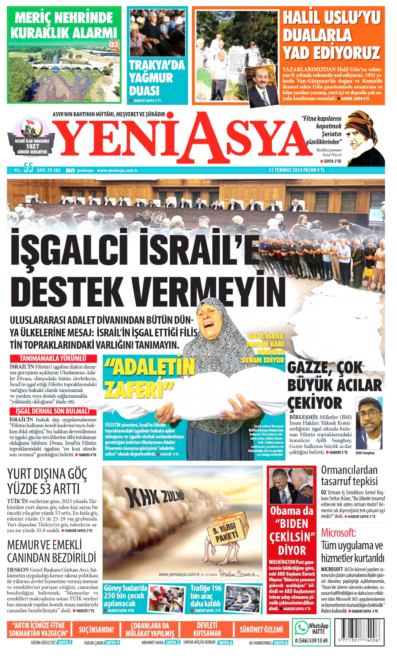 YENİ ASYA gazetesinin 21 Temmuz 2024 tarihli birinci sayfası