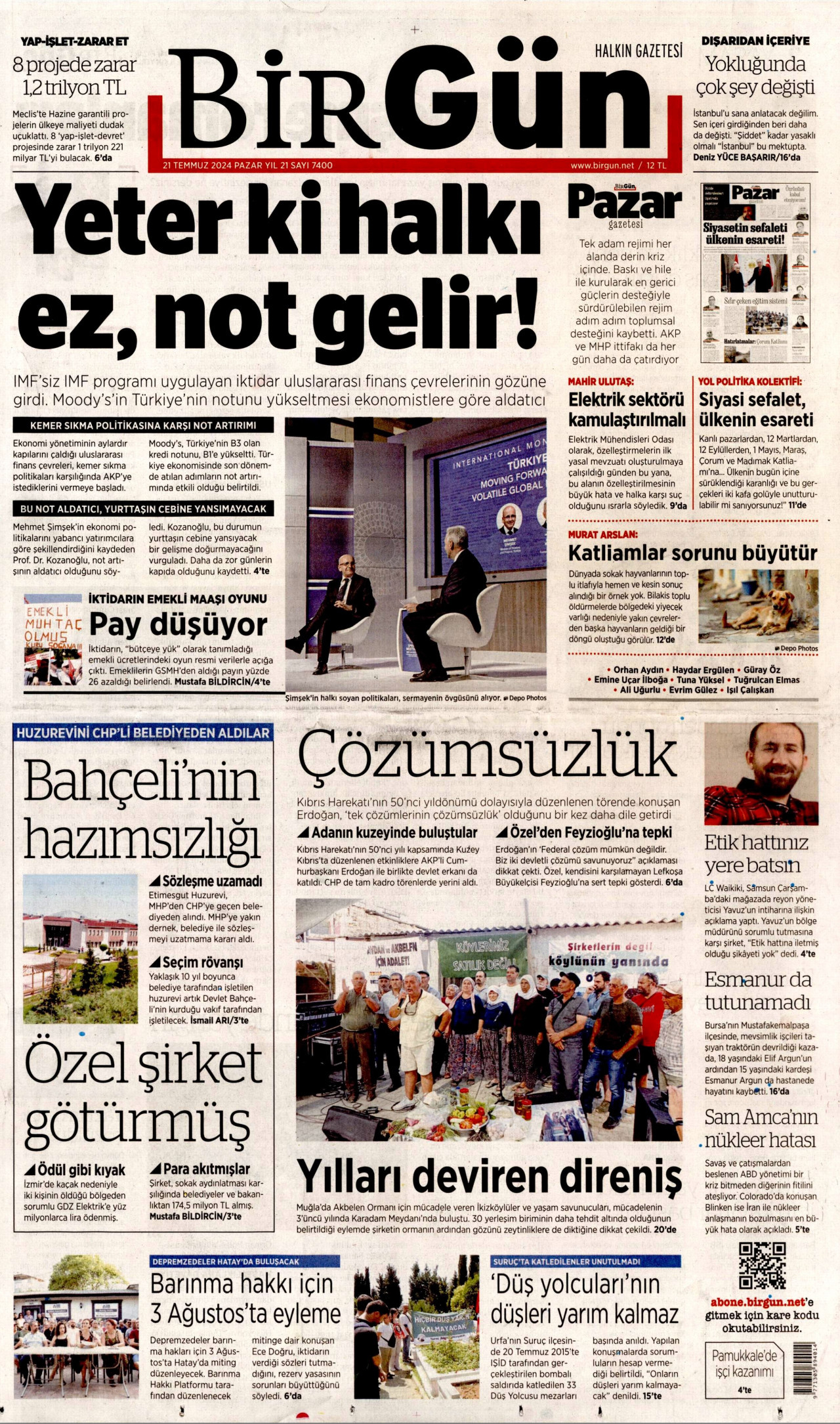 BİRGÜN gazetesinin 21 Temmuz 2024 tarihli birinci sayfası