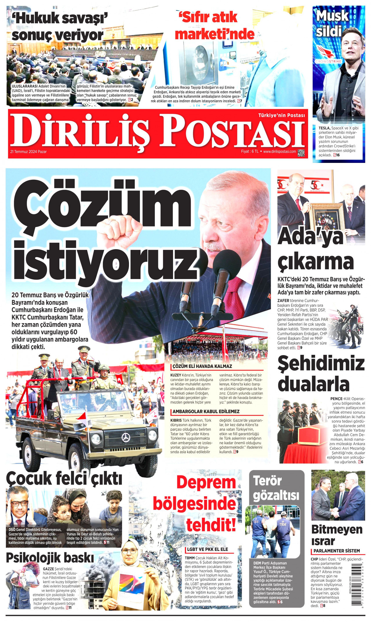DİRİLİŞ POSTASI gazetesinin 21 Temmuz 2024 tarihli birinci sayfası