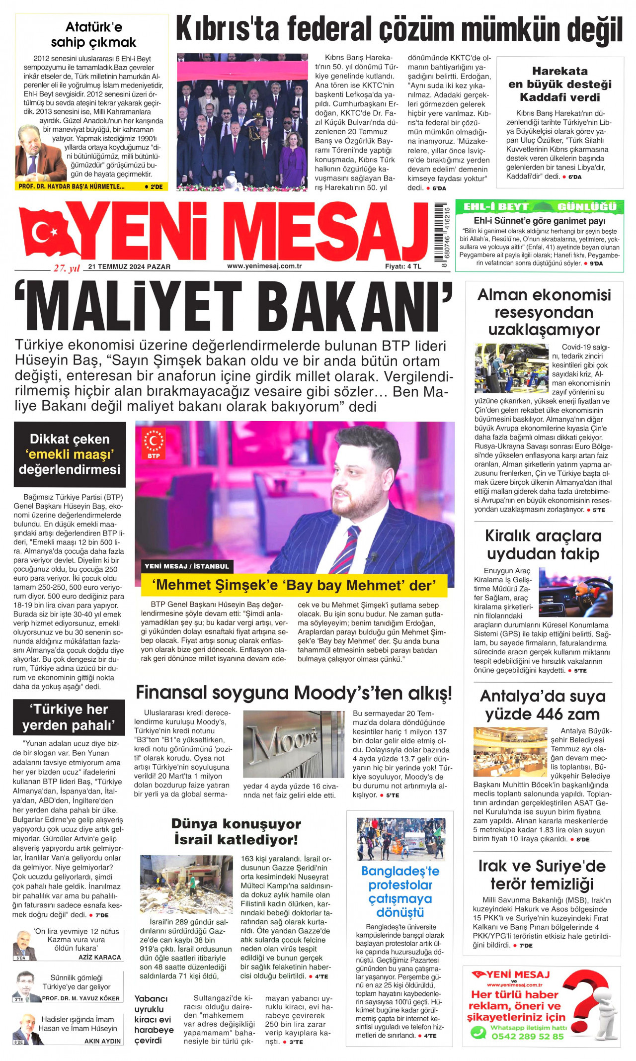 YENİ MESAJ gazetesinin 21 Temmuz 2024 tarihli birinci sayfası