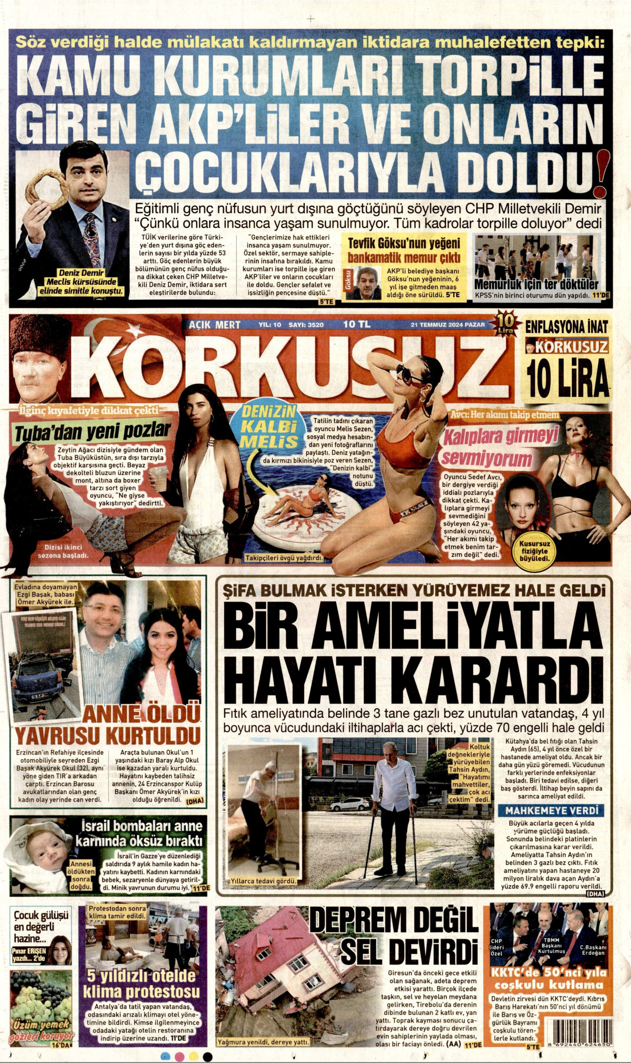 KORKUSUZ gazetesinin 21 Temmuz 2024 tarihli birinci sayfası