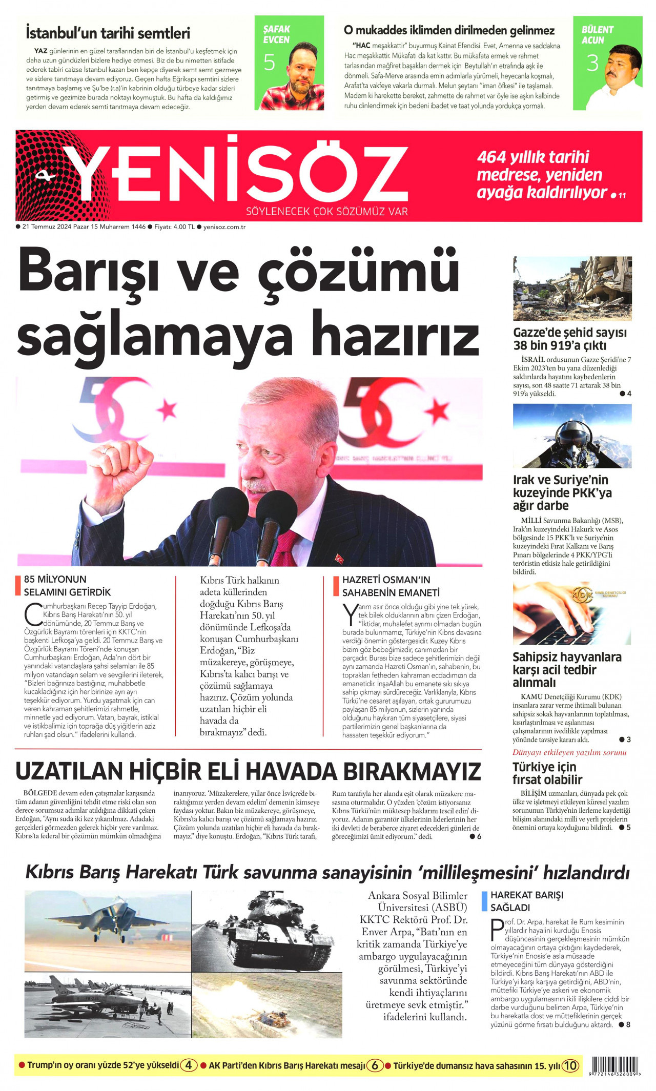 YENİ SÖZ GAZETESİ gazetesinin 21 Temmuz 2024 tarihli birinci sayfası