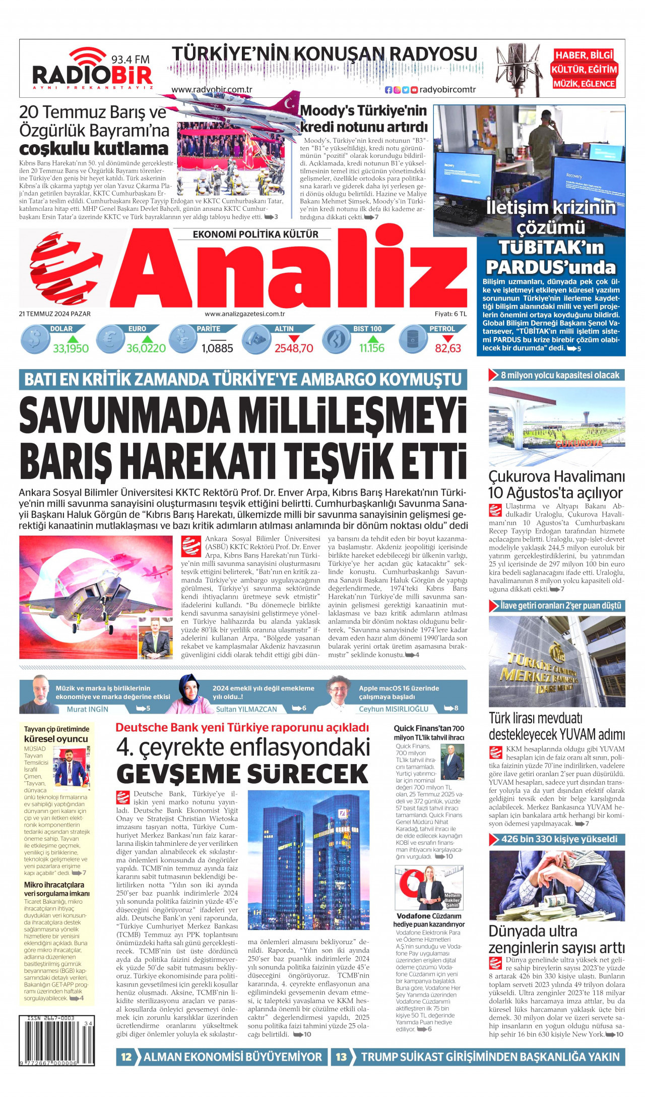 ANALİZ gazetesinin 21 Temmuz 2024 tarihli birinci sayfası