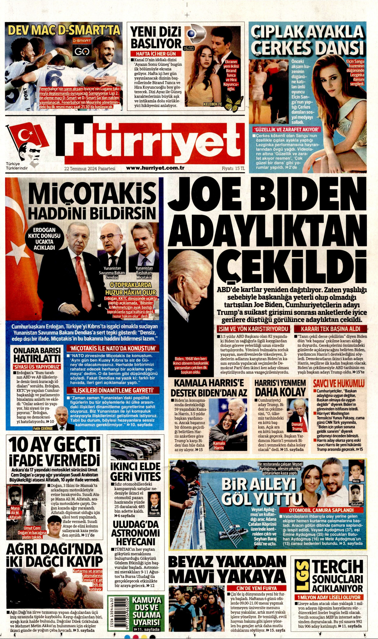 HÜRRİYET gazetesinin 22 Temmuz 2024 tarihli birinci sayfası