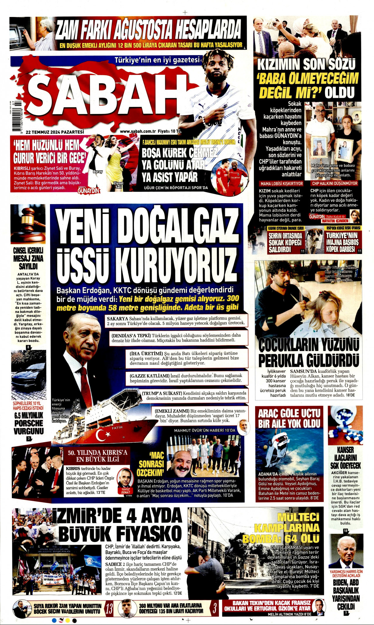 SABAH gazetesinin 22 Temmuz 2024 tarihli birinci sayfası