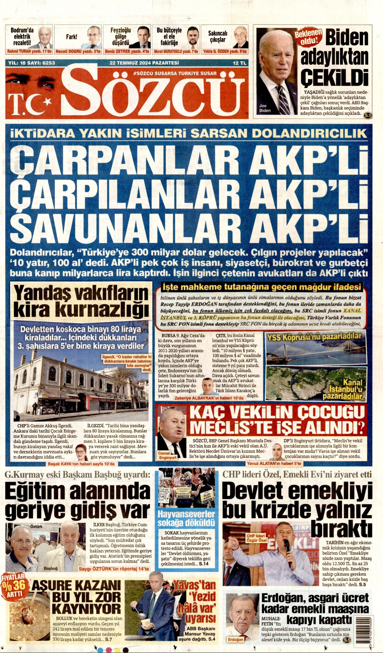 SÖZCÜ gazetesinin 22 Temmuz 2024 tarihli birinci sayfası