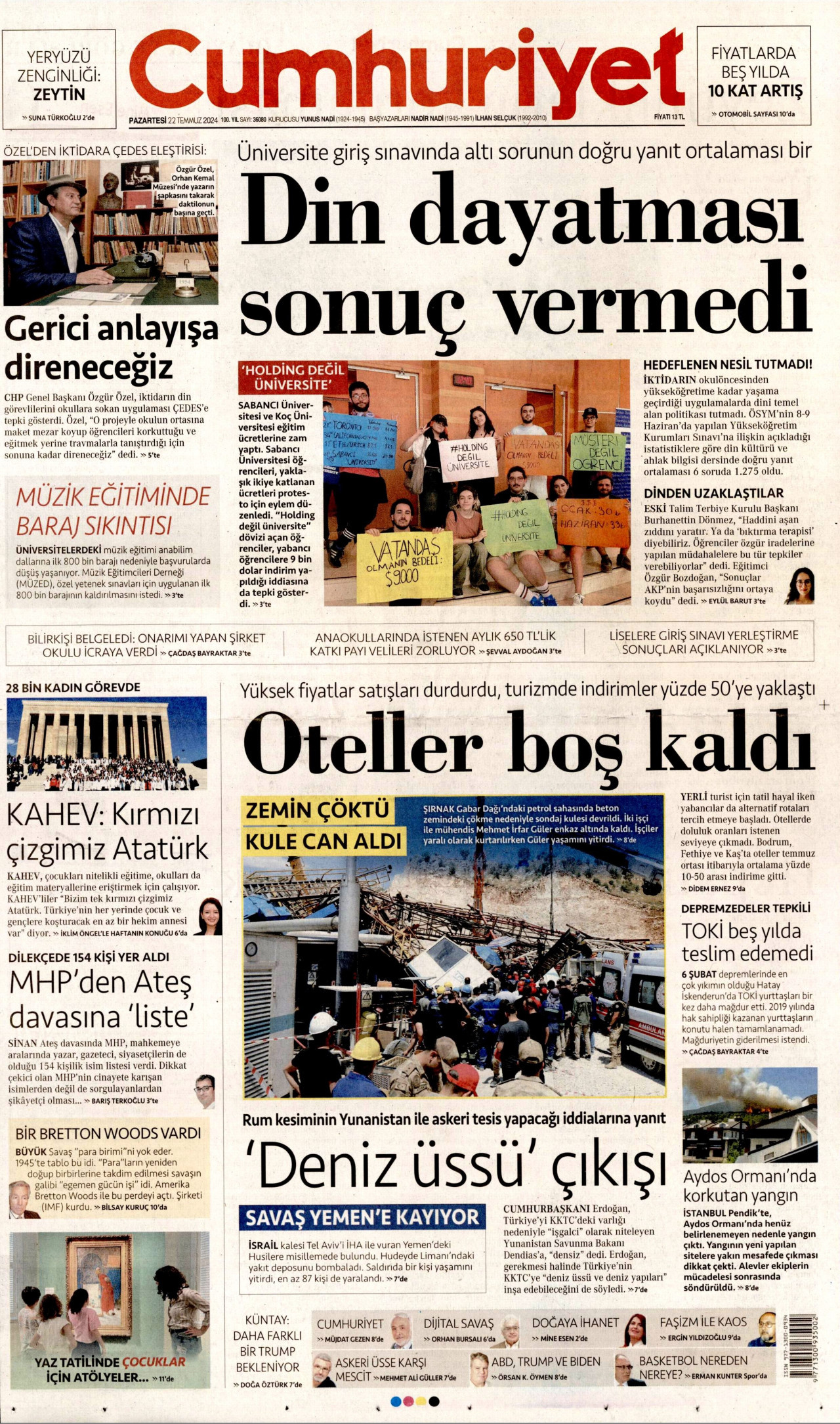 CUMHURİYET gazetesinin 22 Temmuz 2024 tarihli birinci sayfası
