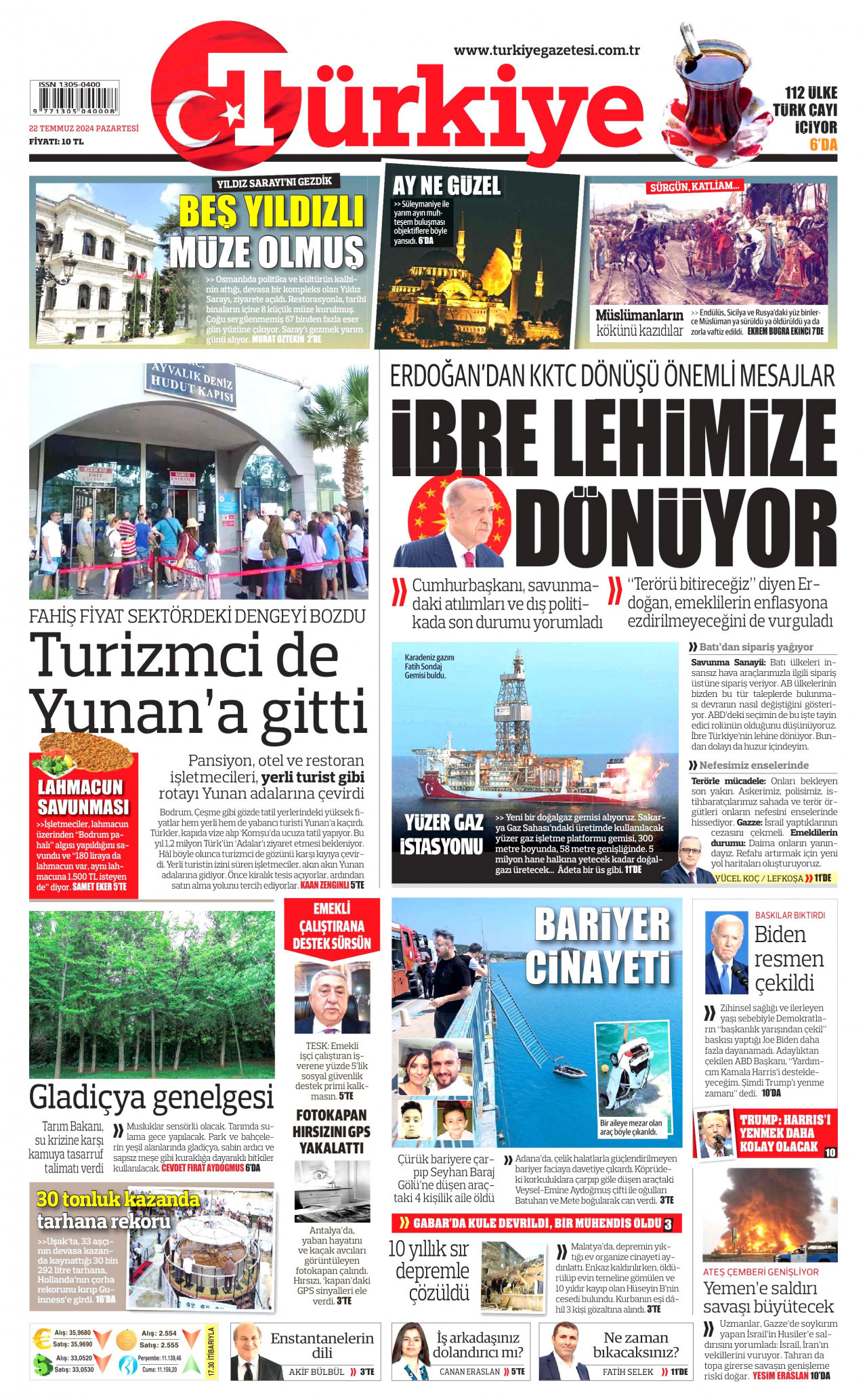 TÜRKİYE GAZETESİ gazetesinin 22 Temmuz 2024 tarihli birinci sayfası