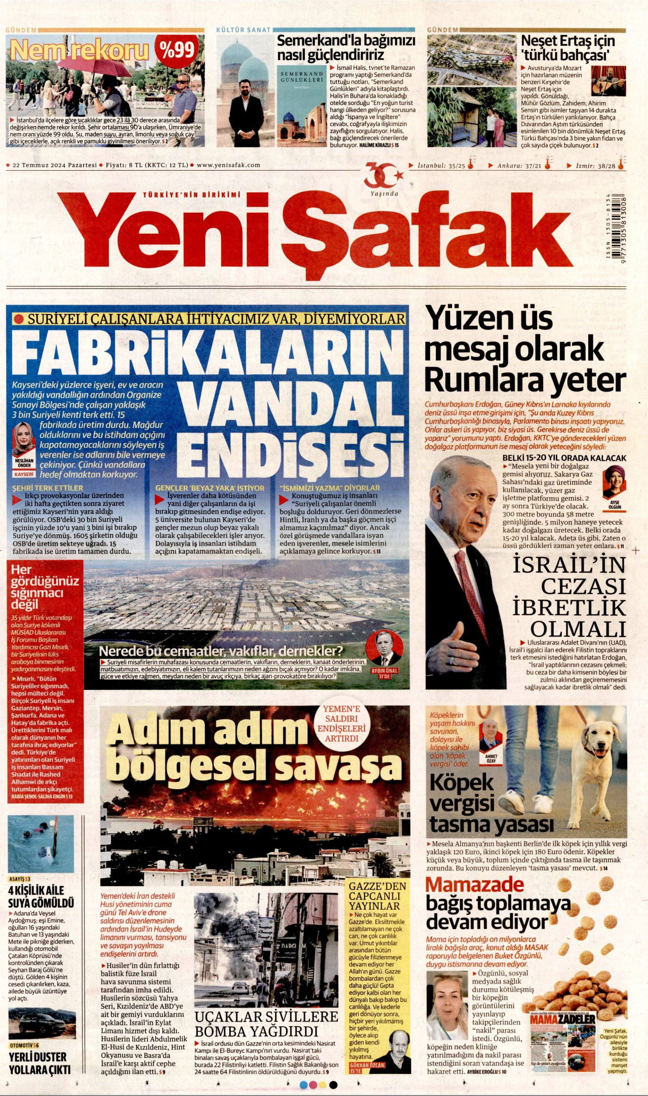 YENİ ŞAFAK gazetesinin 22 Temmuz 2024 tarihli birinci sayfası