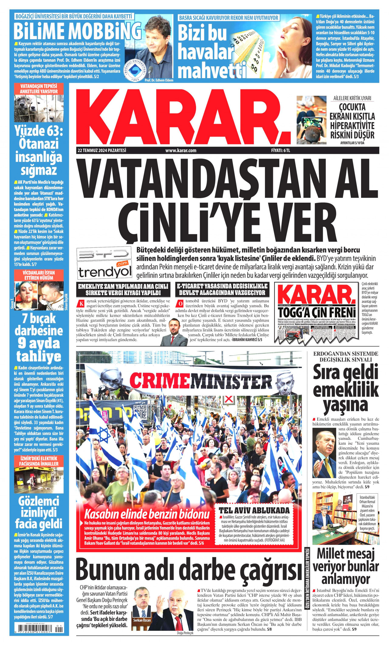 KARAR gazetesinin 22 Temmuz 2024 tarihli birinci sayfası