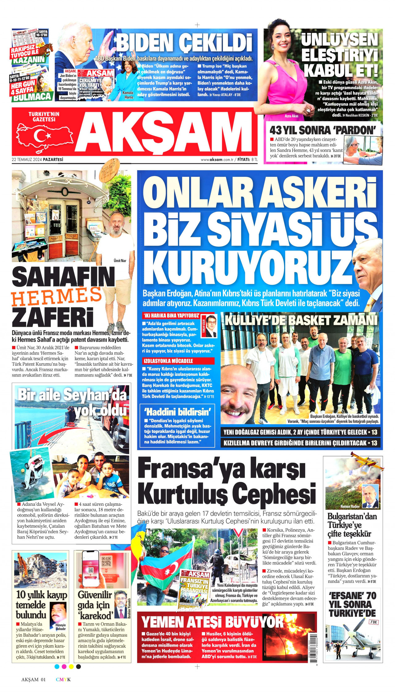 AKŞAM gazetesinin 22 Temmuz 2024 tarihli birinci sayfası