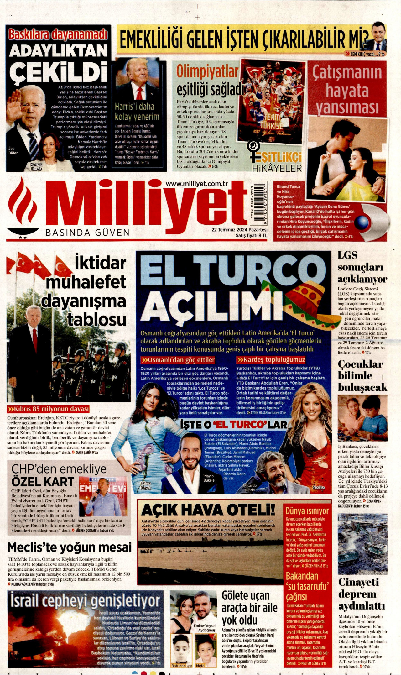 MİLLİYET gazetesinin 22 Temmuz 2024 tarihli birinci sayfası