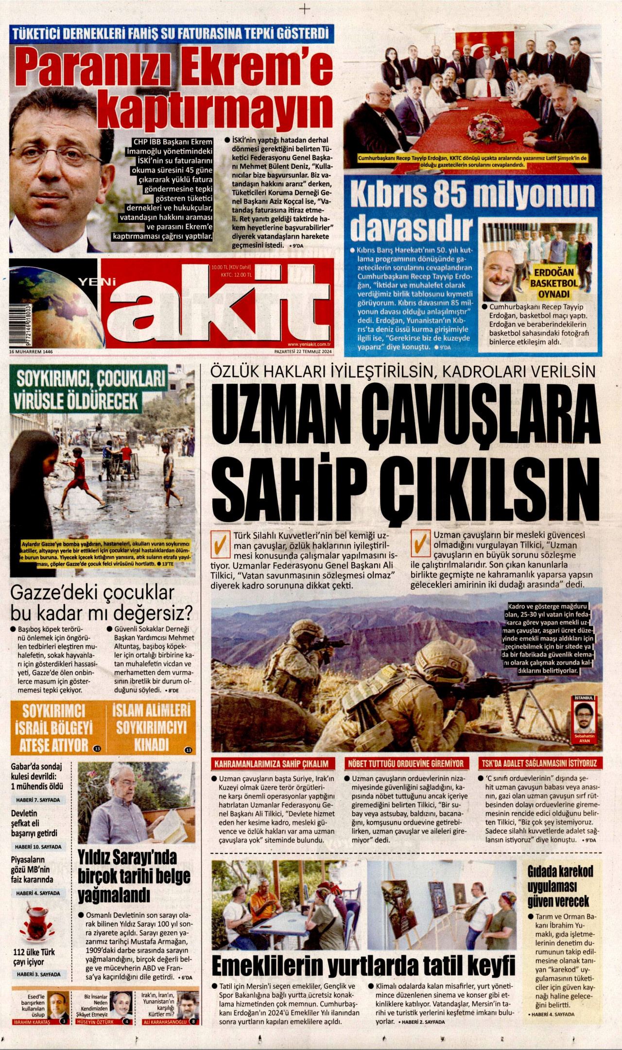 YENİ AKİT gazetesinin 22 Temmuz 2024 tarihli birinci sayfası