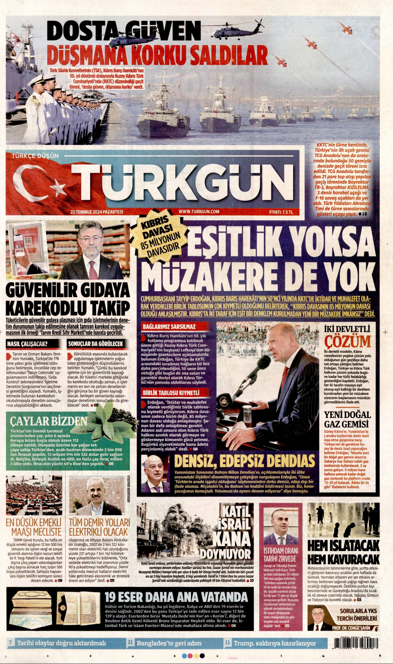 TÜRKGÜN gazetesinin 22 Temmuz 2024 tarihli birinci sayfası