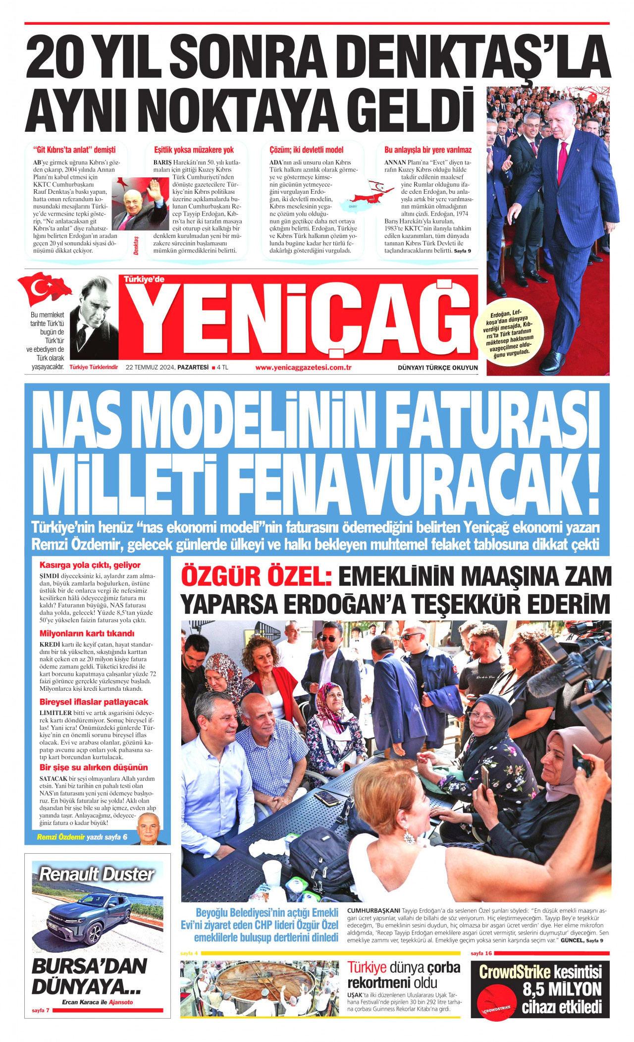 YENİÇAĞ gazetesinin 22 Temmuz 2024 tarihli birinci sayfası