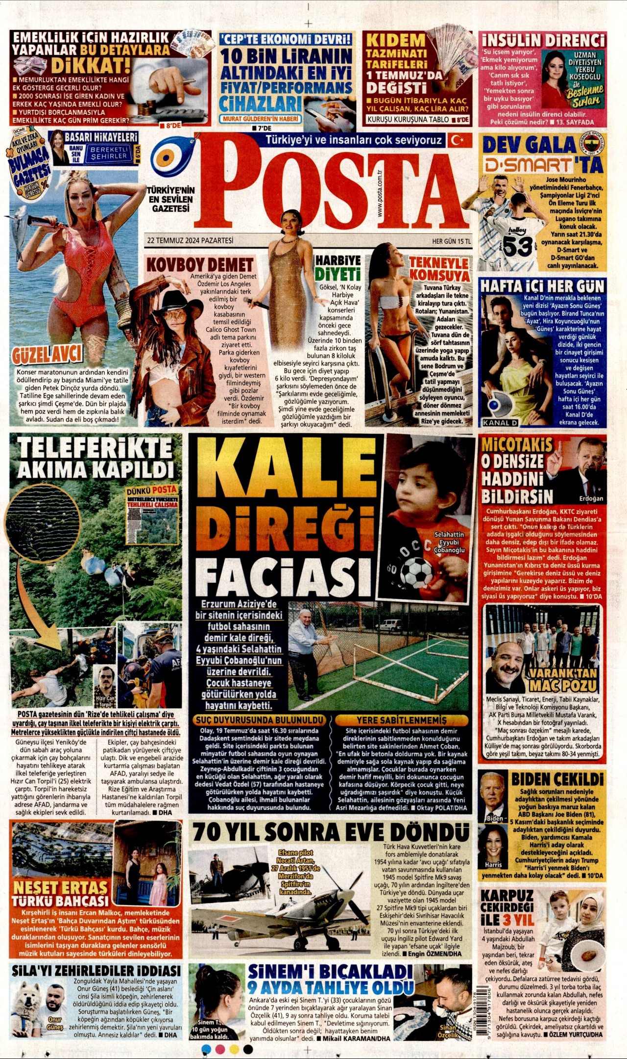 POSTA gazetesinin 22 Temmuz 2024 tarihli birinci sayfası