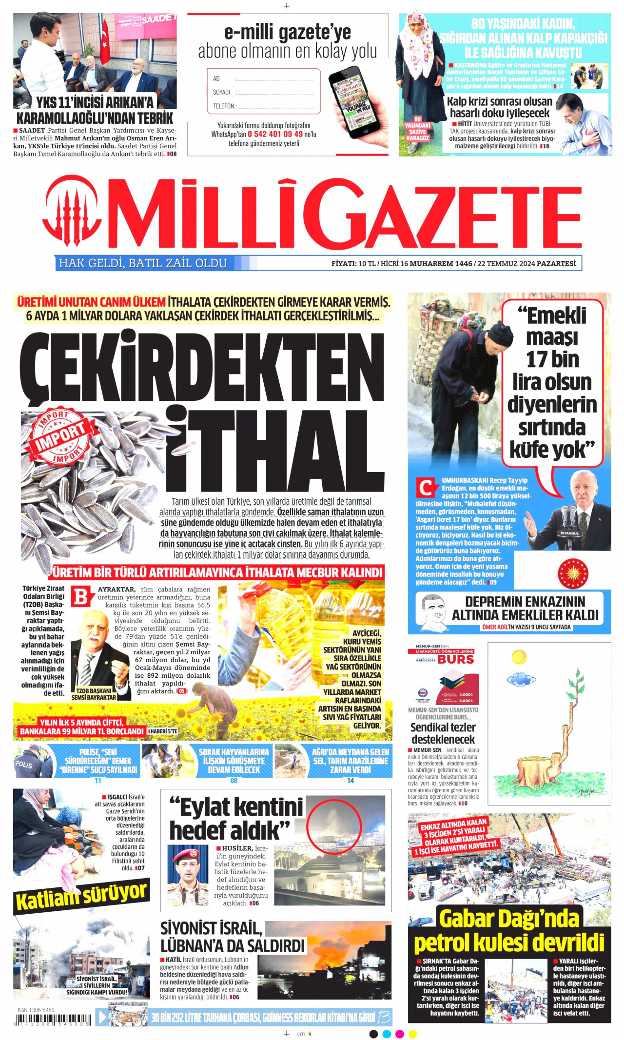 MİLLİ GAZETE gazetesinin 22 Temmuz 2024 tarihli birinci sayfası